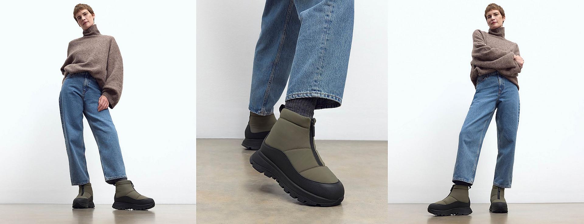 A female model wearing and styling the Neo-D Hyker Sip-Front Boot in Olive Green