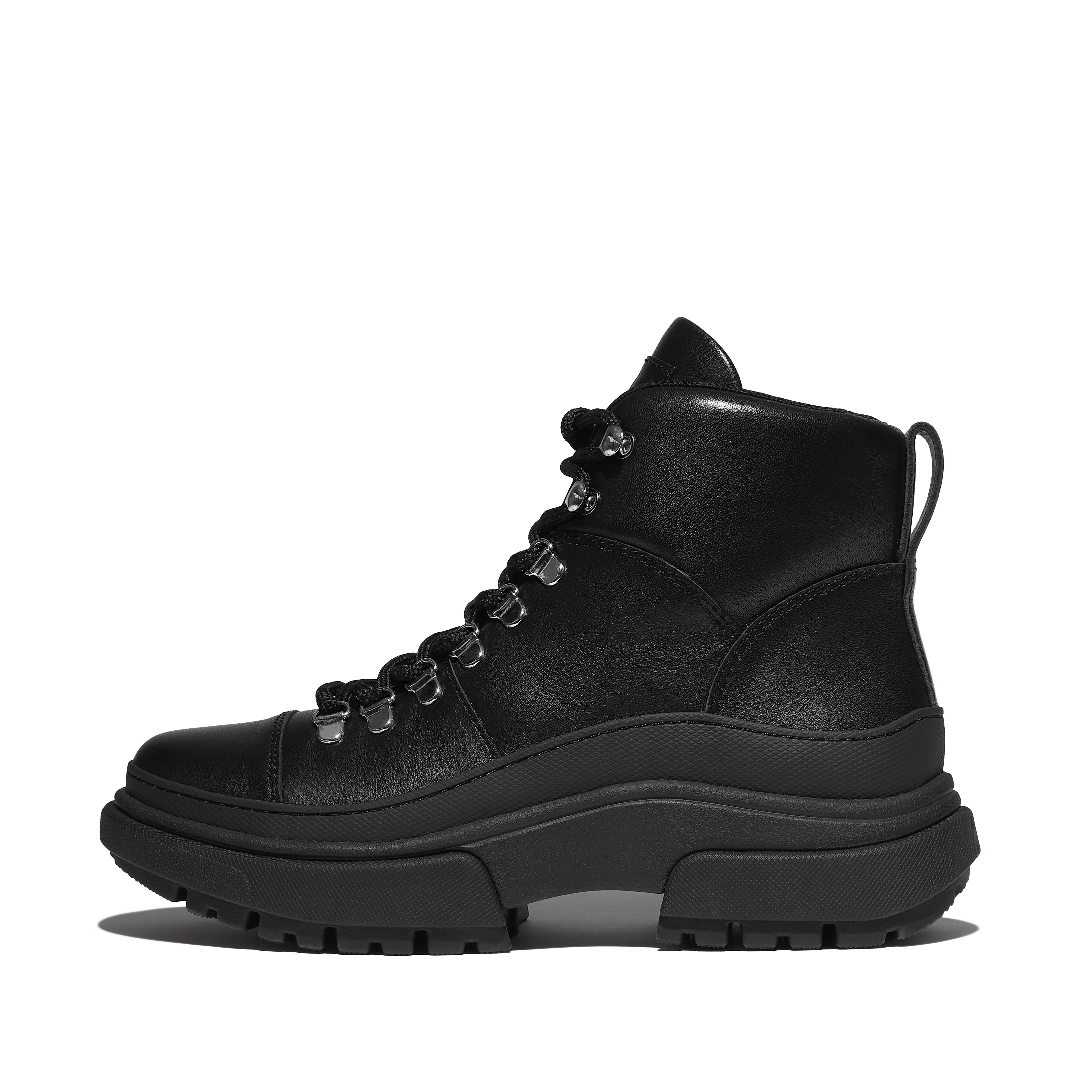 FitFlop WYLDER Leather Hiker-Lace Boots Leather/Rubber, Outlet, Black, Size: US 6