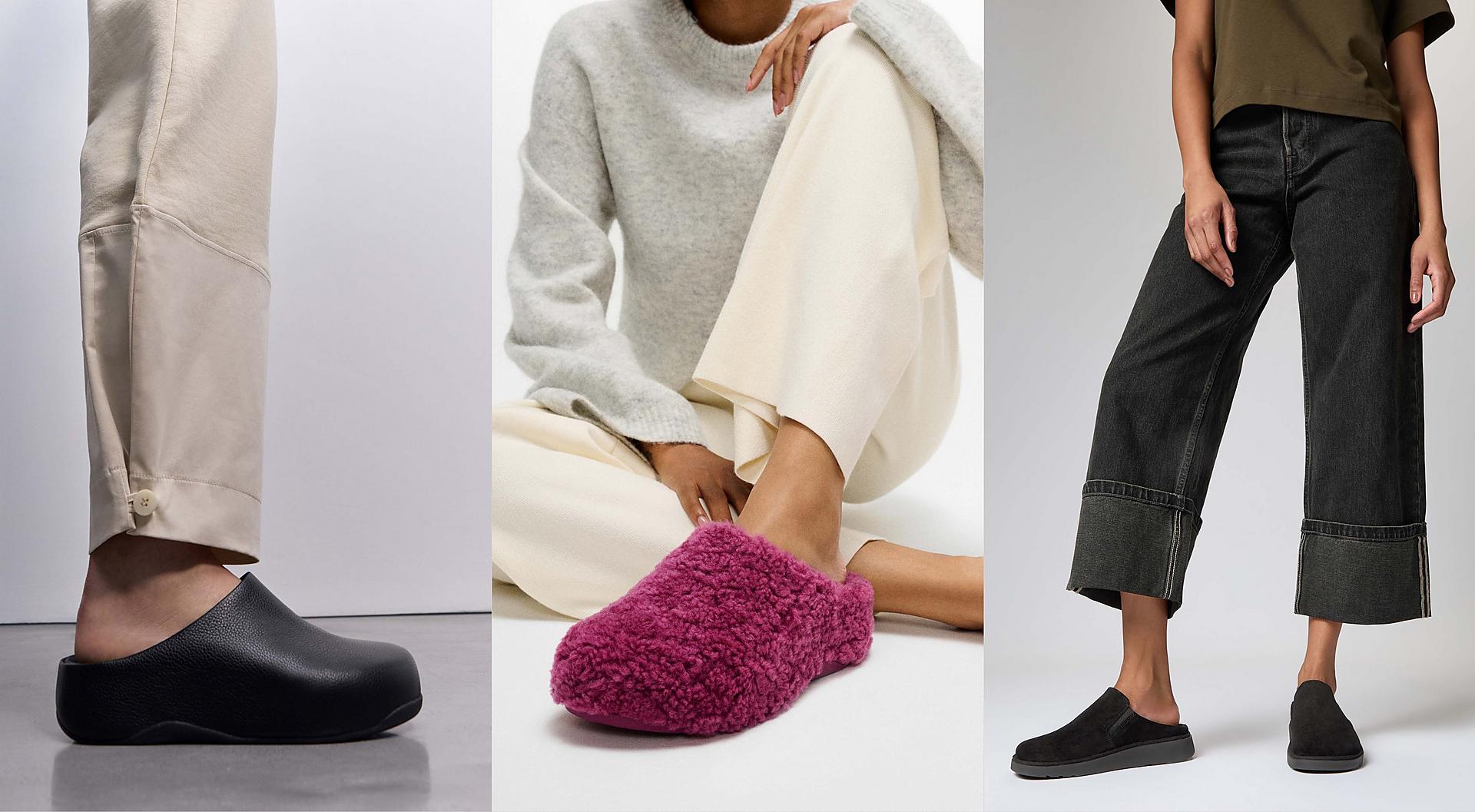 A model wearing and styling a pair of ruby shearling clog slippers