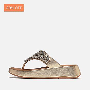 F-MODE Jewel-Deluxe Metallic-Leather Flatform Toe-Post Sandals