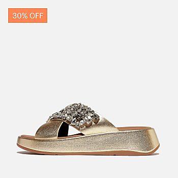 F-MODE Jewel-Deluxe Metallic-Leather Flatform Cross Slides