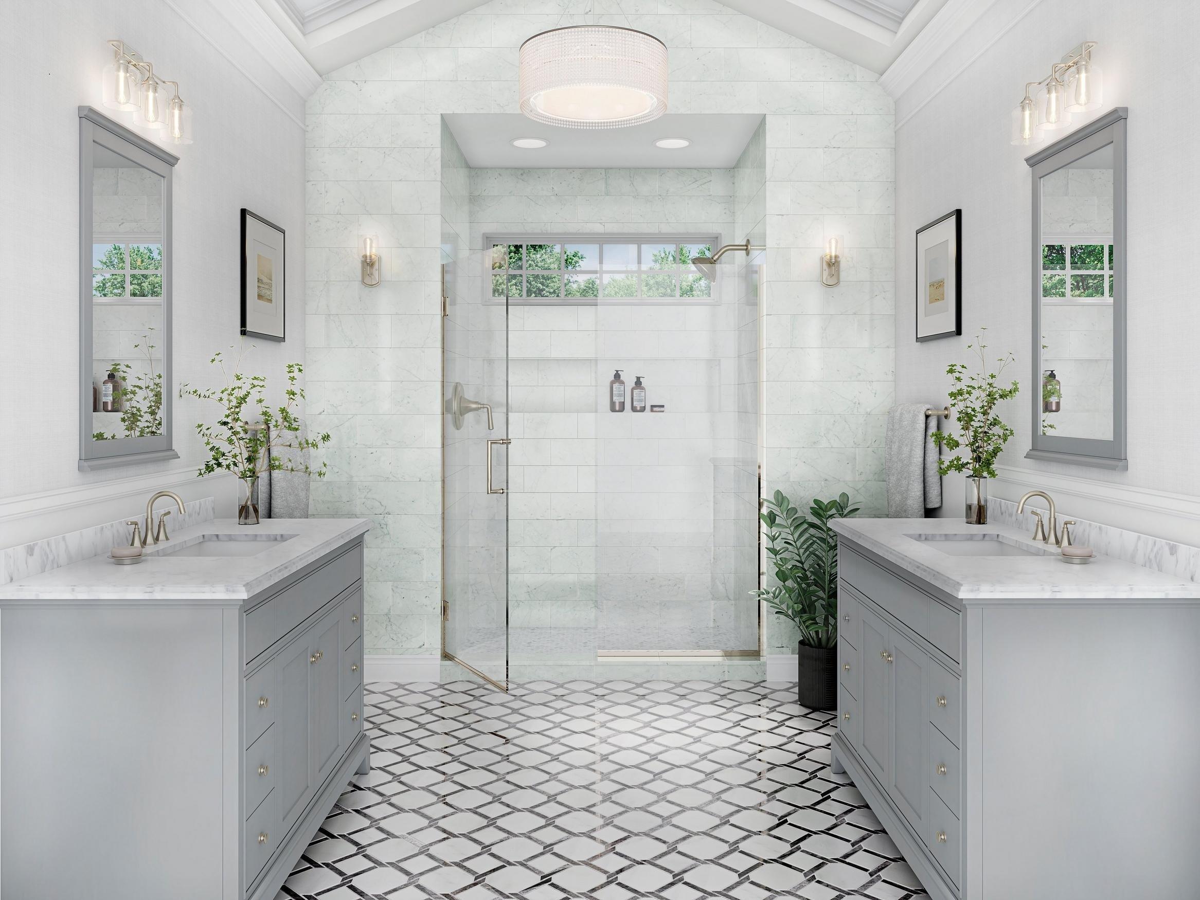White bathroom with walk in shower with white marble tile mosaics.