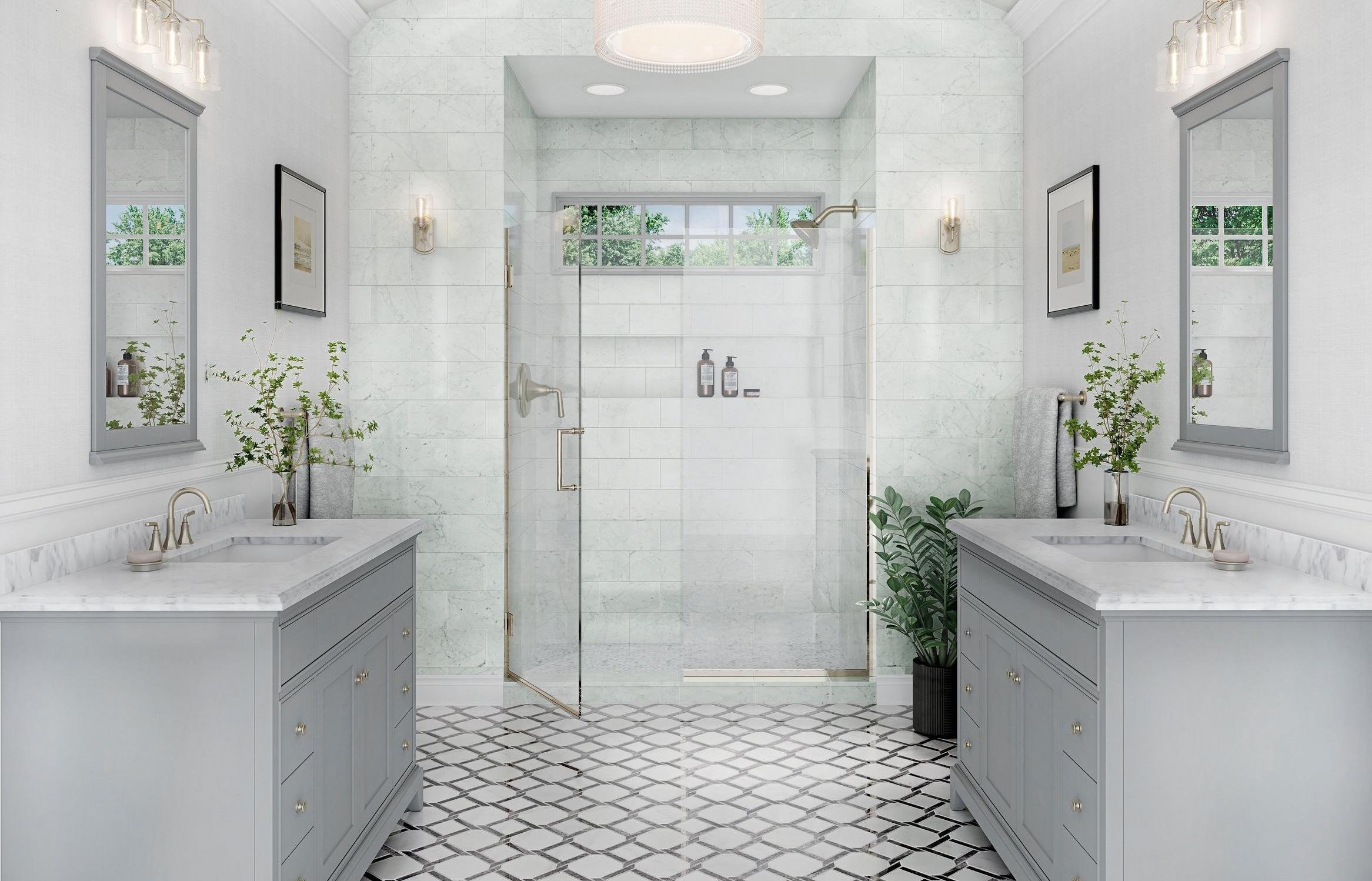 White bathroom with walk in shower with white marble tile mosaics.