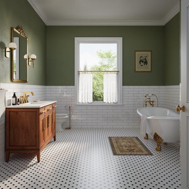 Vintage bathroom with hexagon tile floor