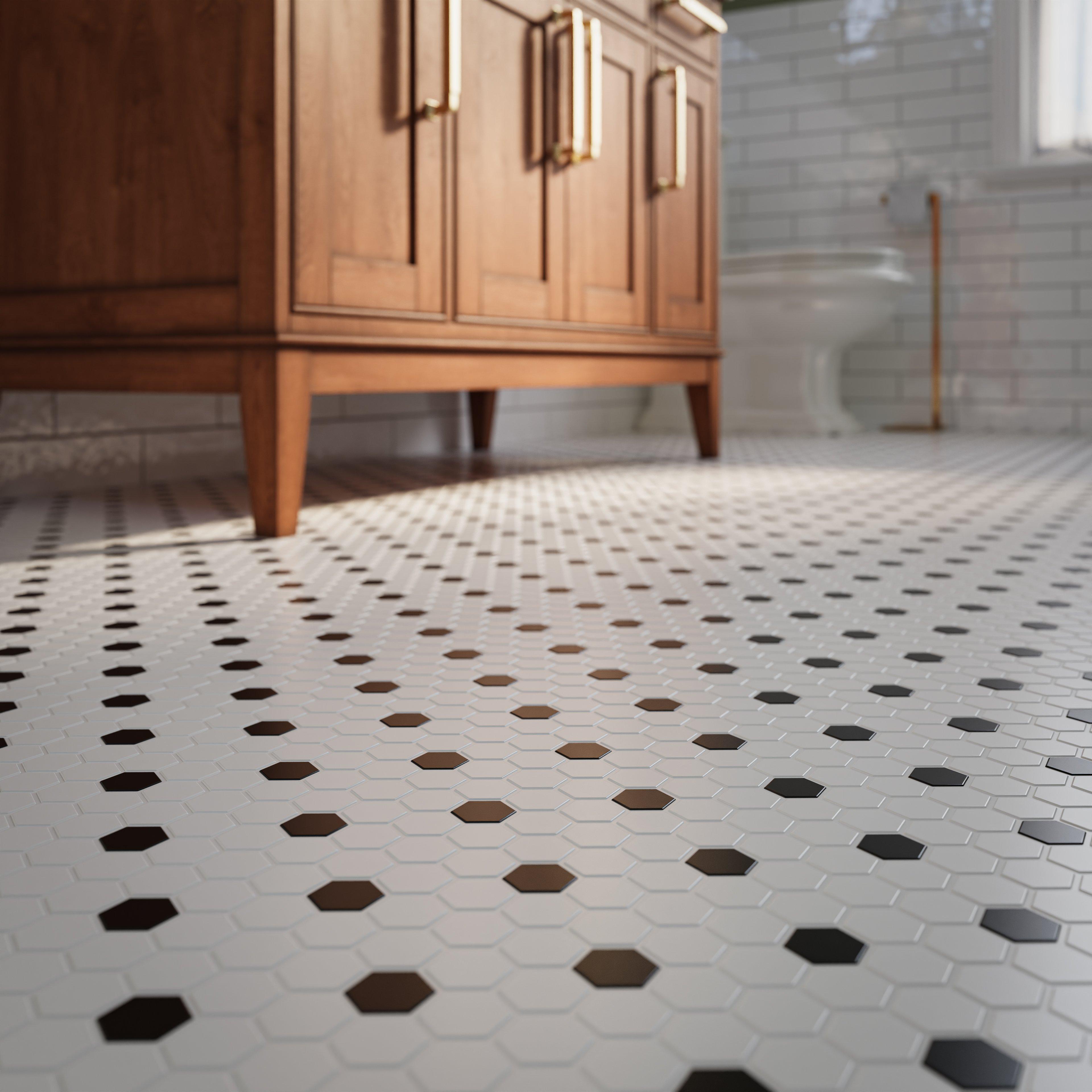 White and Black Hexagon Polished Porcelain Mosaic