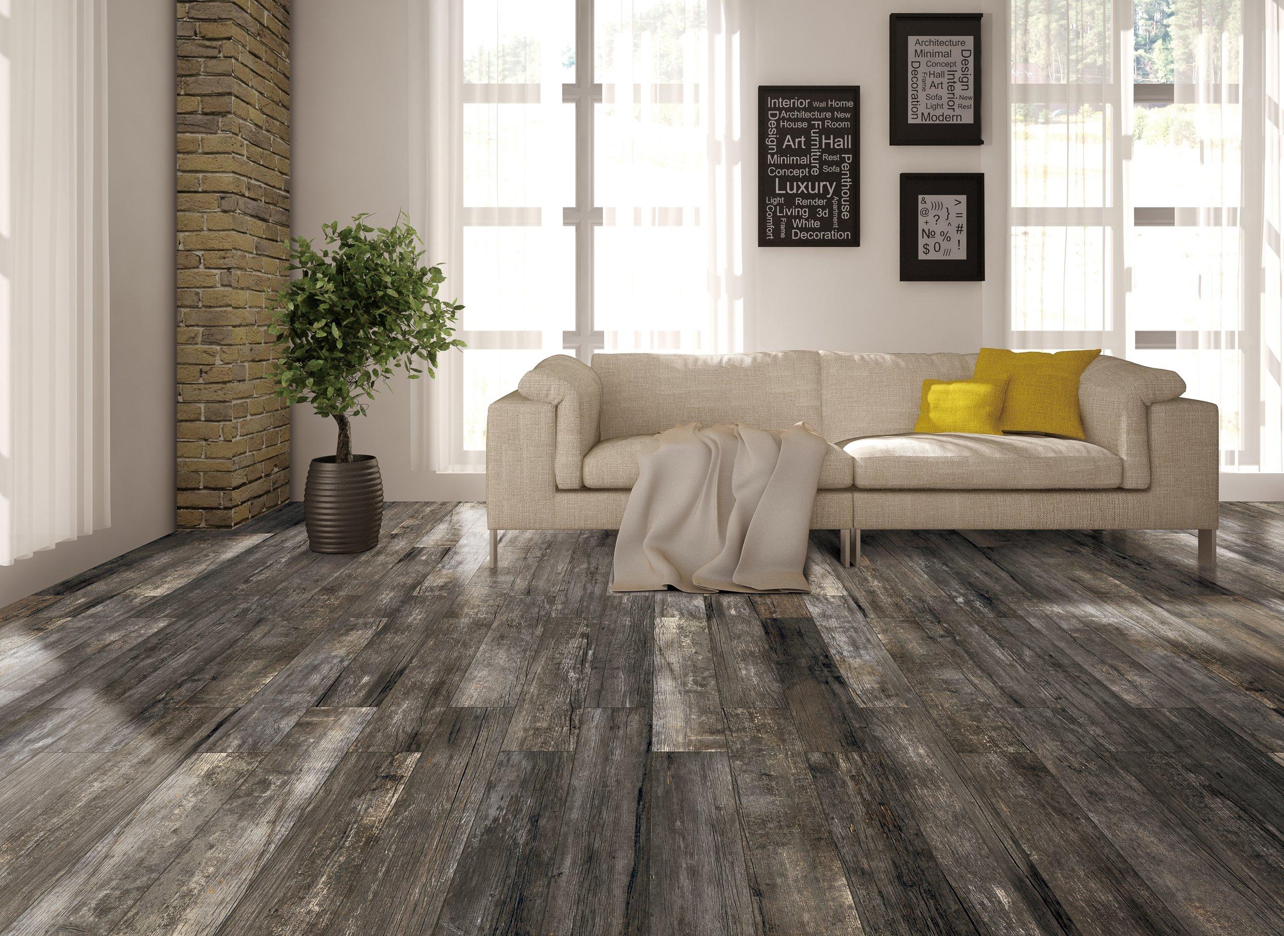 Skyblur Dark Grey Wood Planks Tiles Peel and Stick Floor Tile