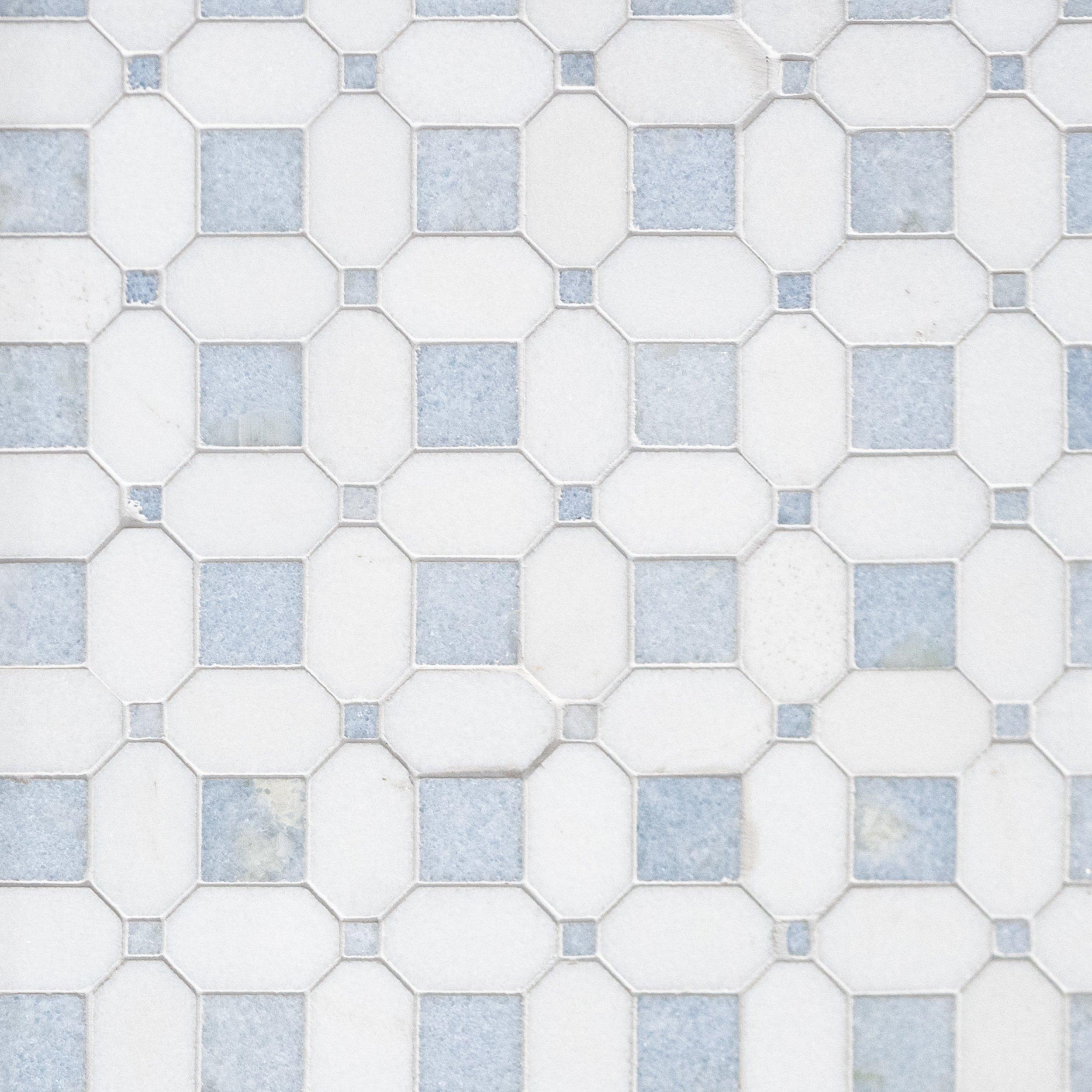 Blue Celeste Basketweave Mosaic w/Thassos Dot Polished - Decorative  Materials