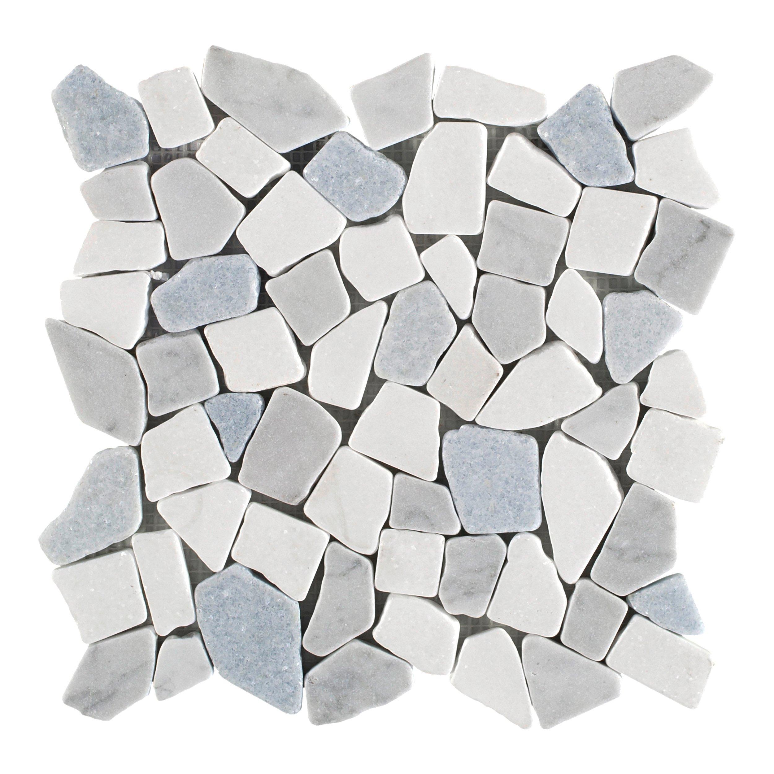 White Thassos and Blue Celeste Marble Waterjet Mosaic Tile in Prima  Brackets