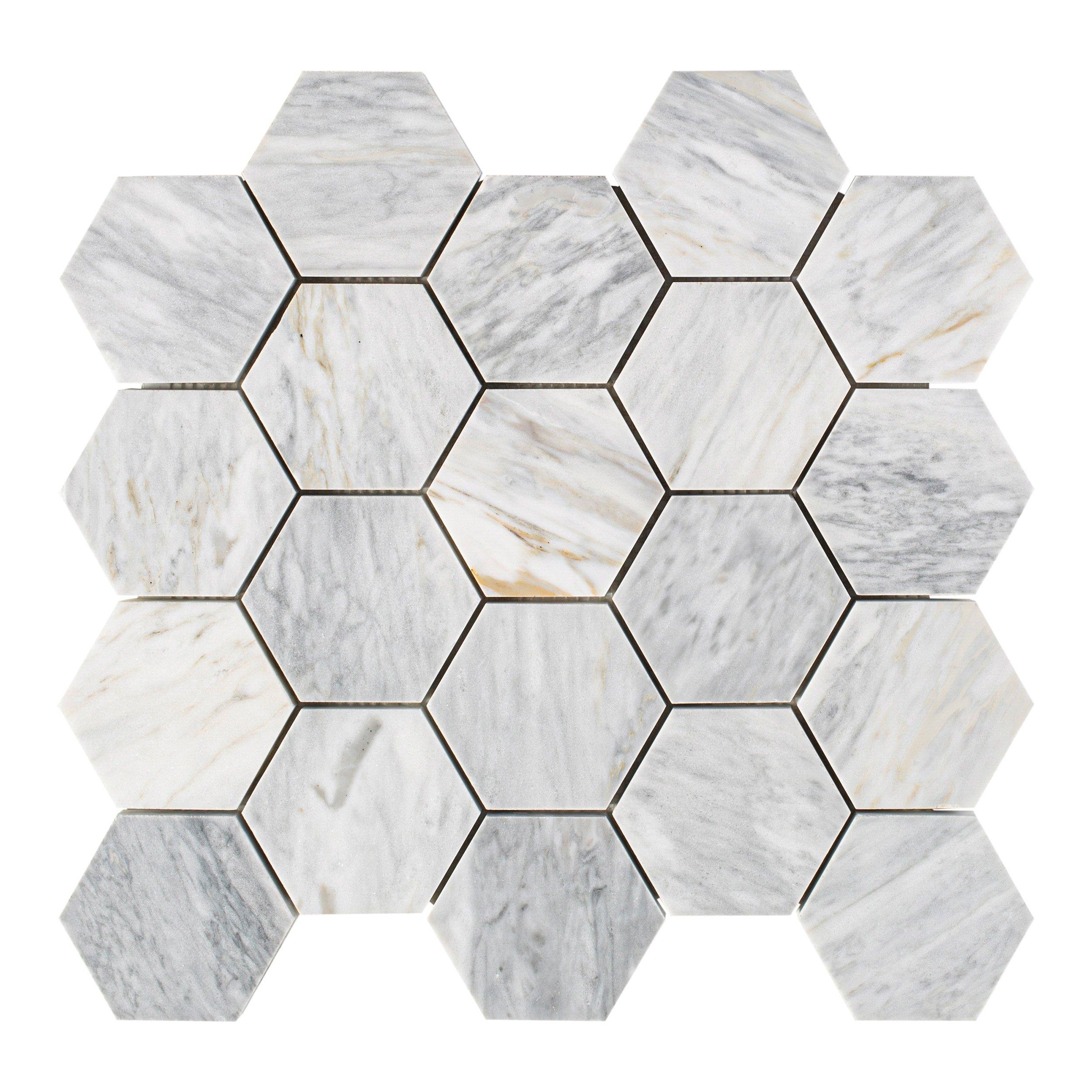 Calacatta Bluette 3 in. Hexagon Polished Marble Mosaic