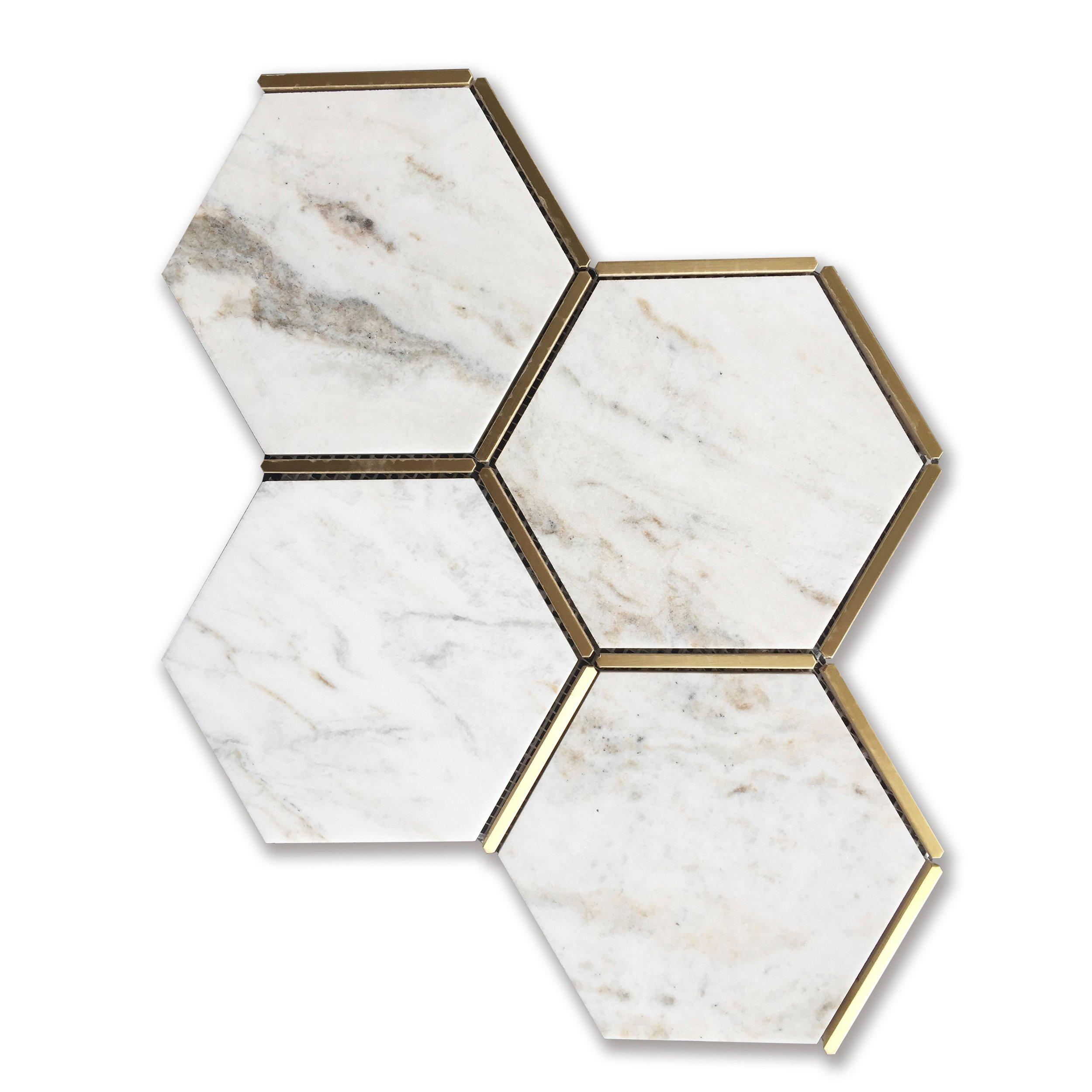 Bianco Orion Brass 6 in. Hexagon Polished Marble Mosaic