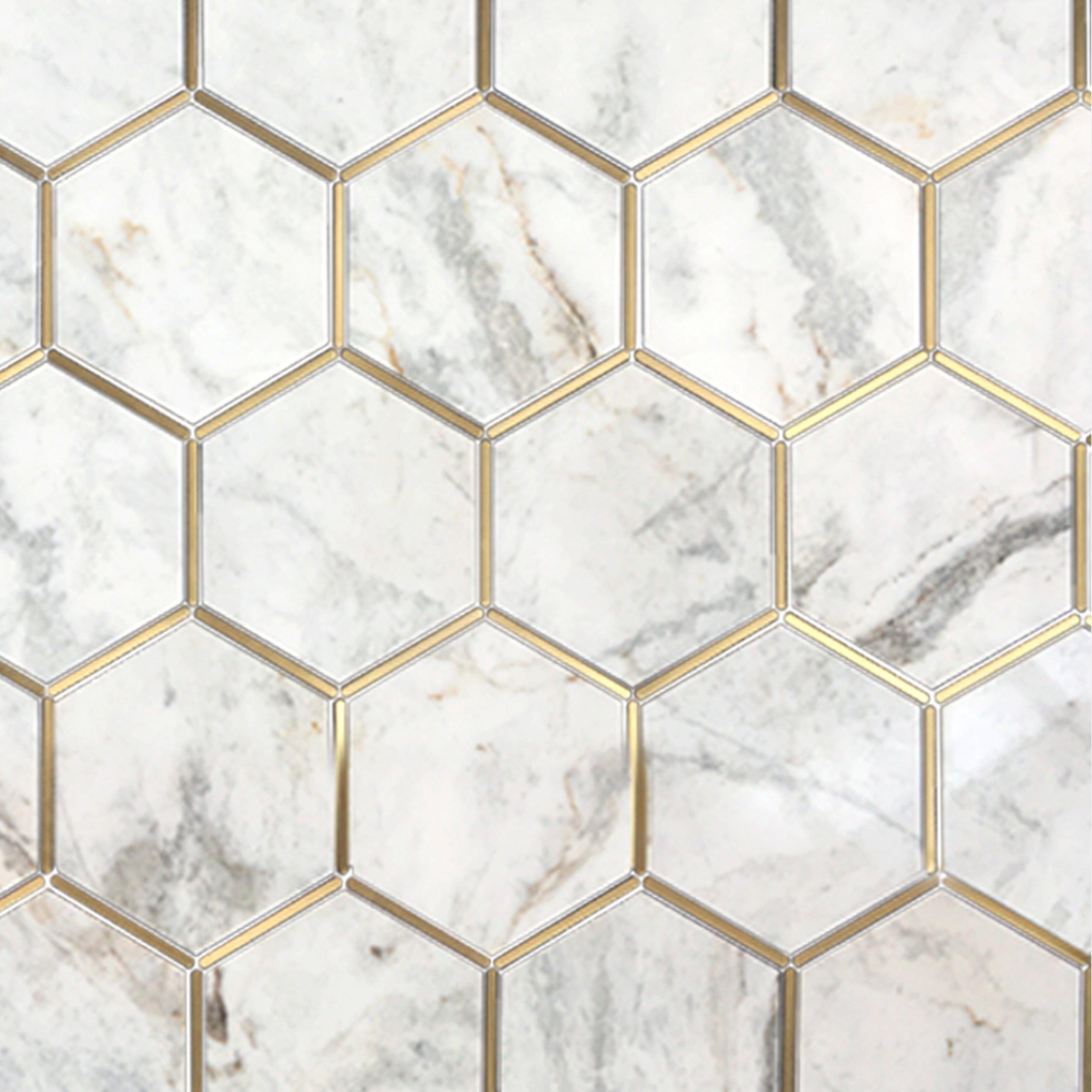 Bianco Orion Brass 6 in. Hexagon Polished Marble Mosaic