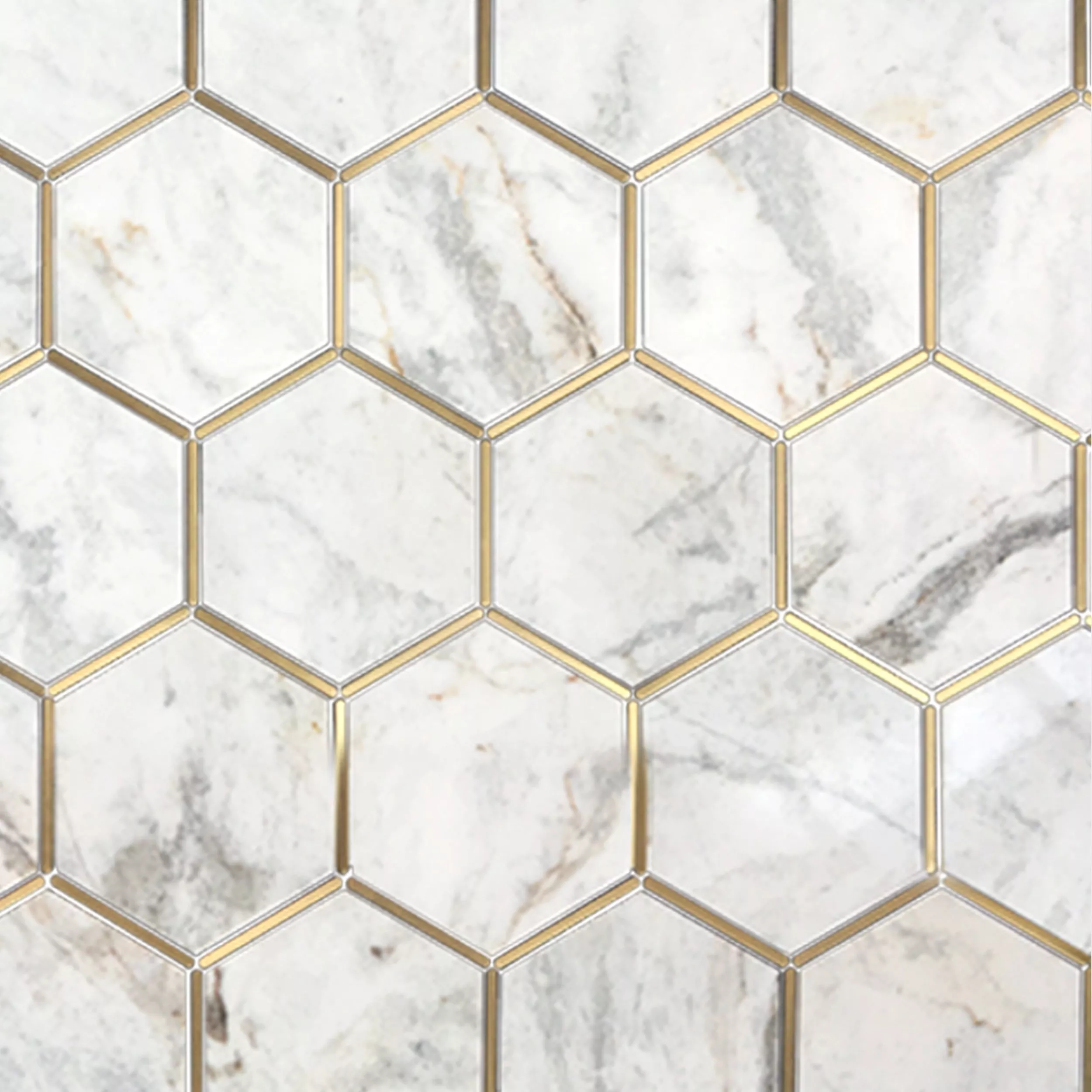 Bianco Orion Brass 6 in. Hexagon Polished Marble Mosaic | Floor and Decor