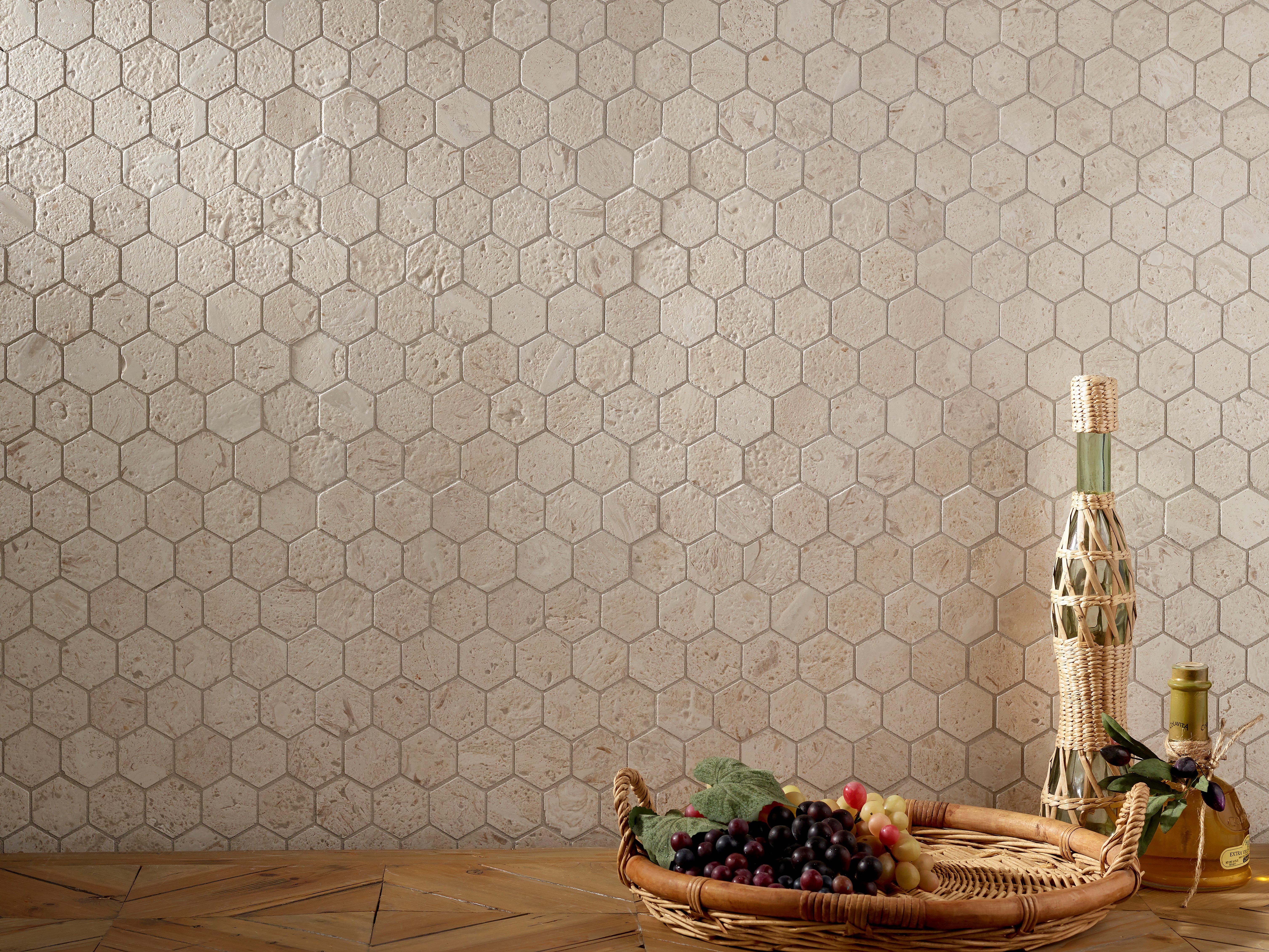 Fossil 2 in. Hexagon Brushed Limestone Mosaic