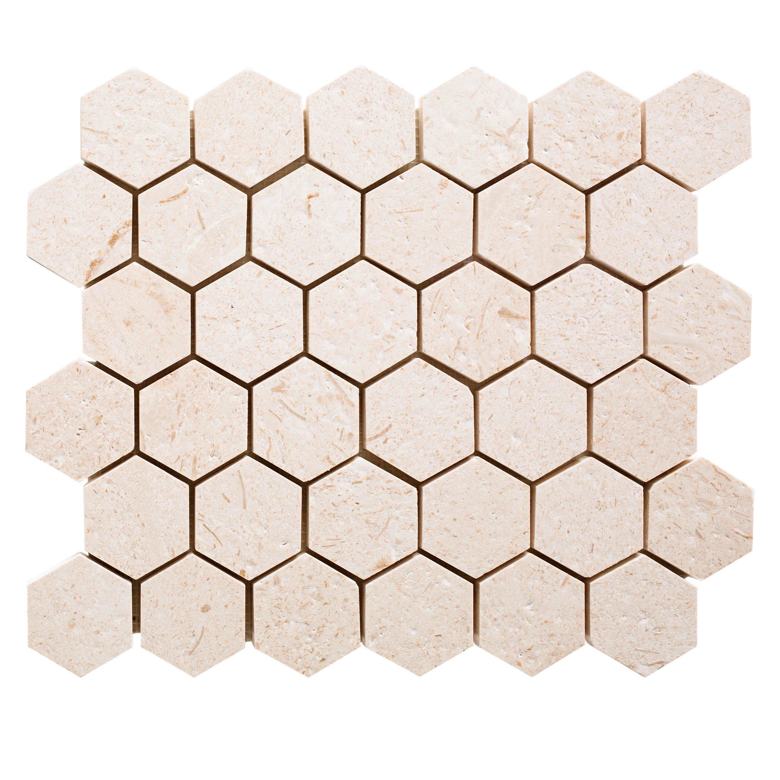 Fossil Hexagon Brushed Limestone Mosaic