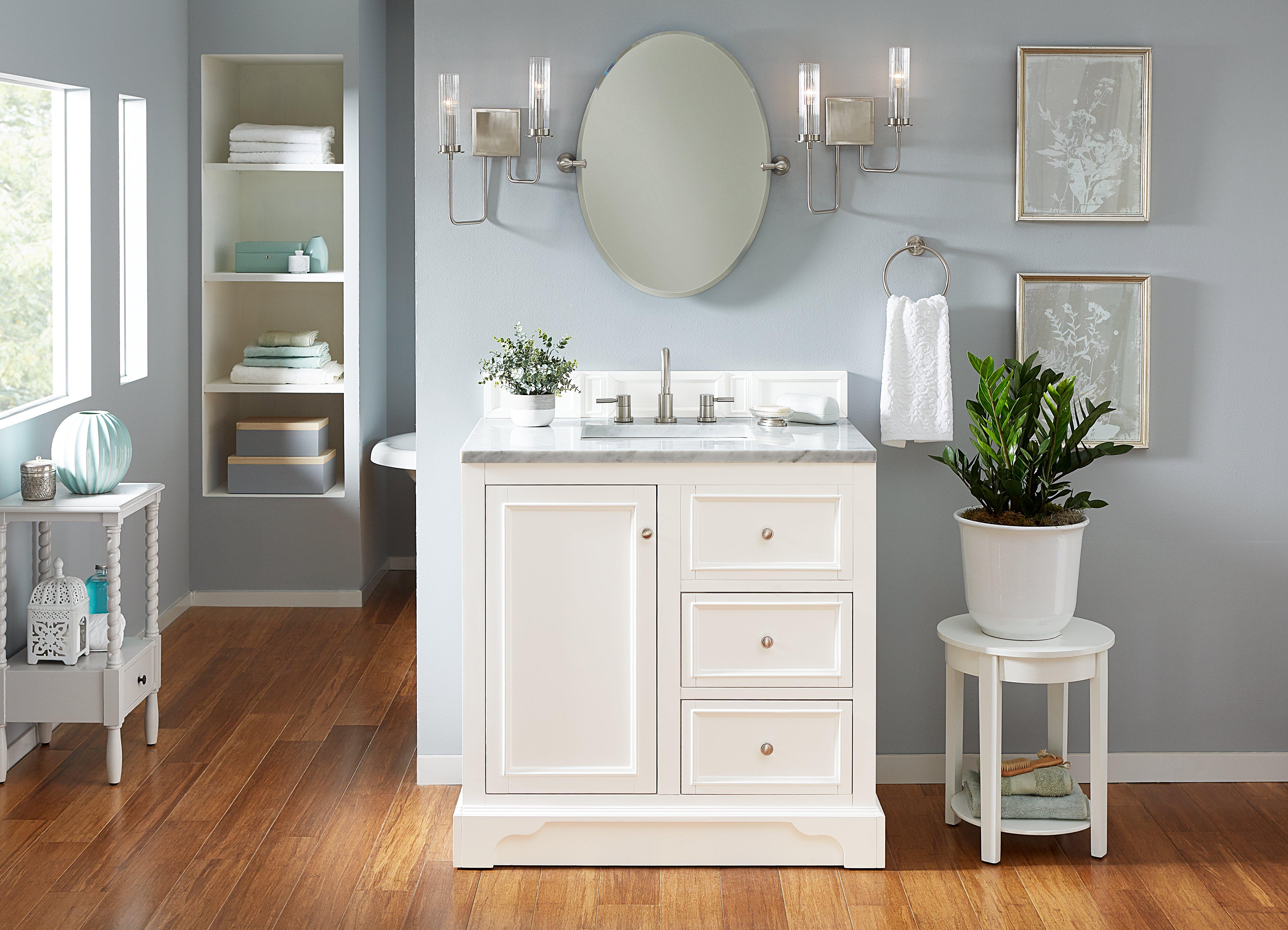 Desoto 36 in. Bright White Vanity with Carrara Top Floor and Decor