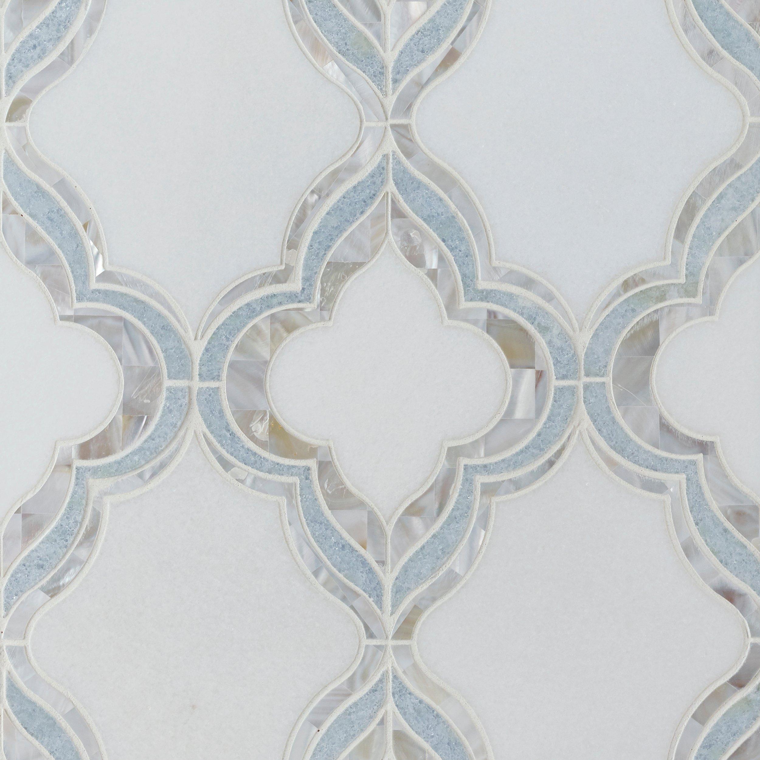 White Thassos and Blue Celeste Marble Waterjet Mosaic Tile in Prima  Brackets