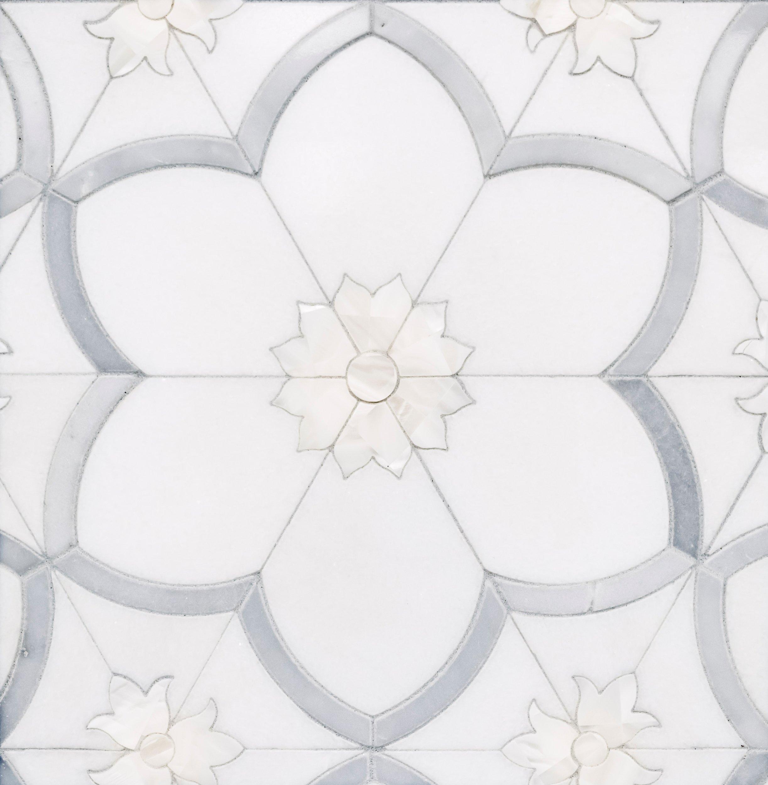 Flora II Thassos Latin Blue Mother of Pearl Waterjet Mosaic