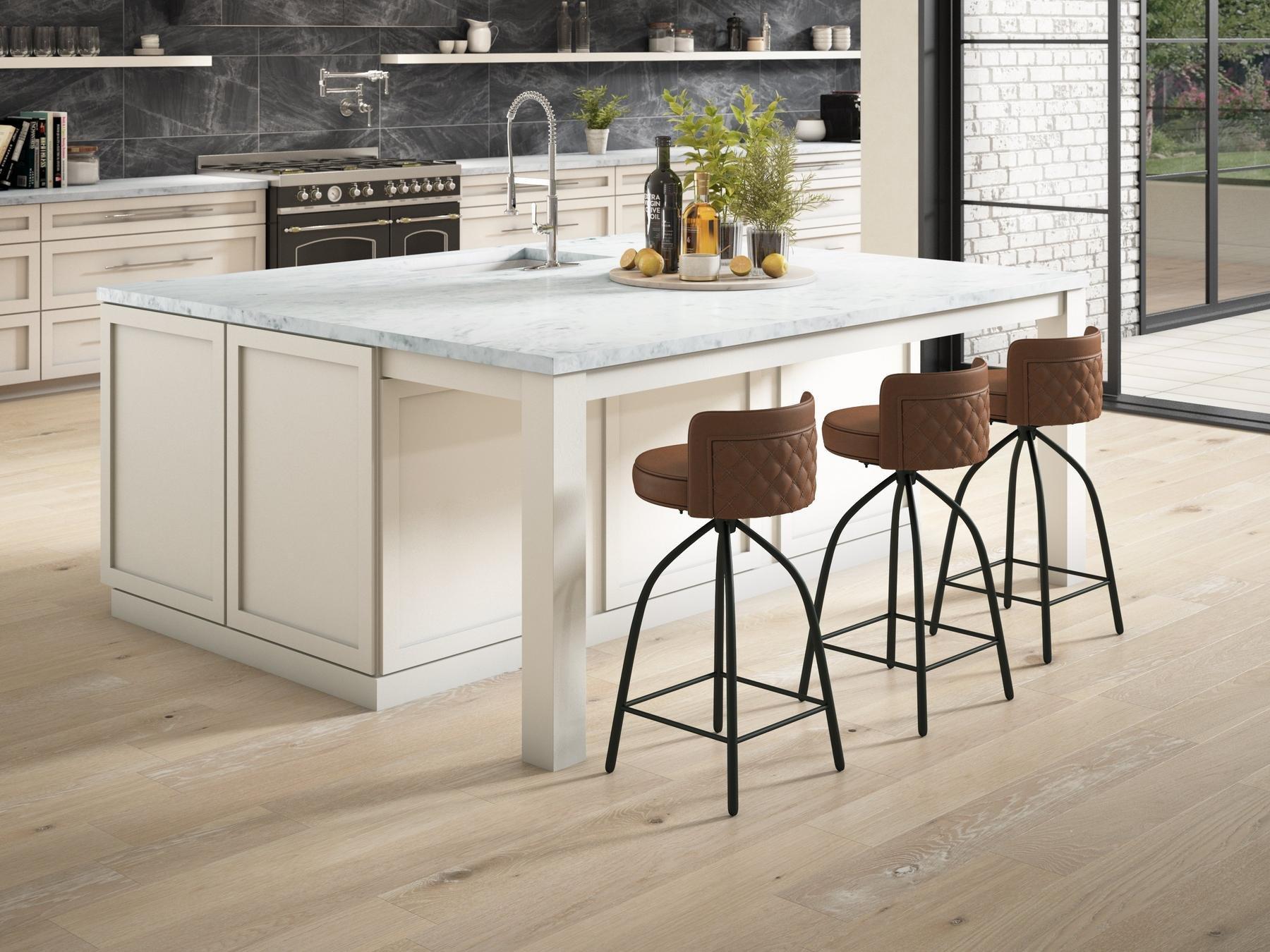 A kitchen with a black backsplash and white countertop