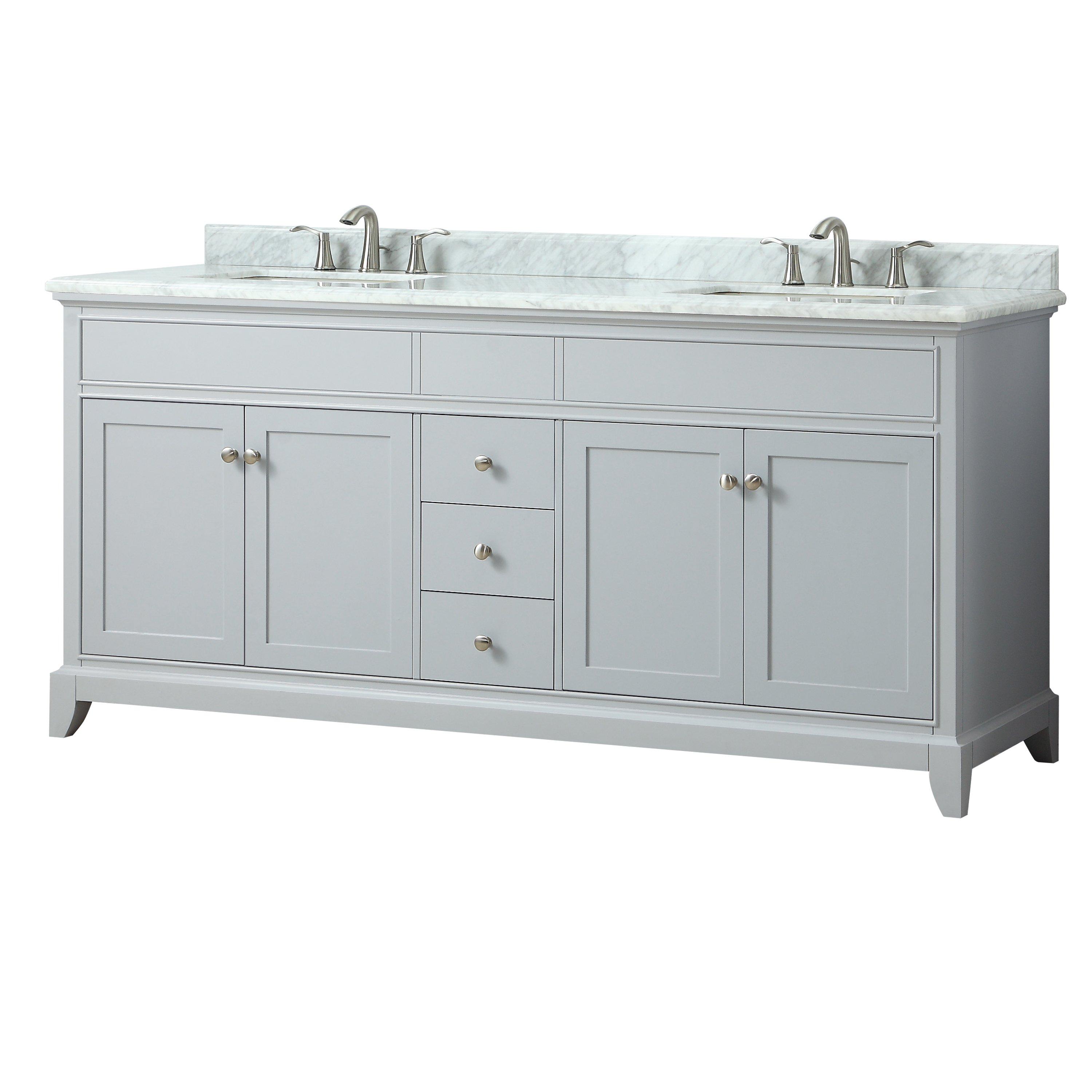 Aurora 73 in. Gray Vanity with Carrara Top Floor and Decor