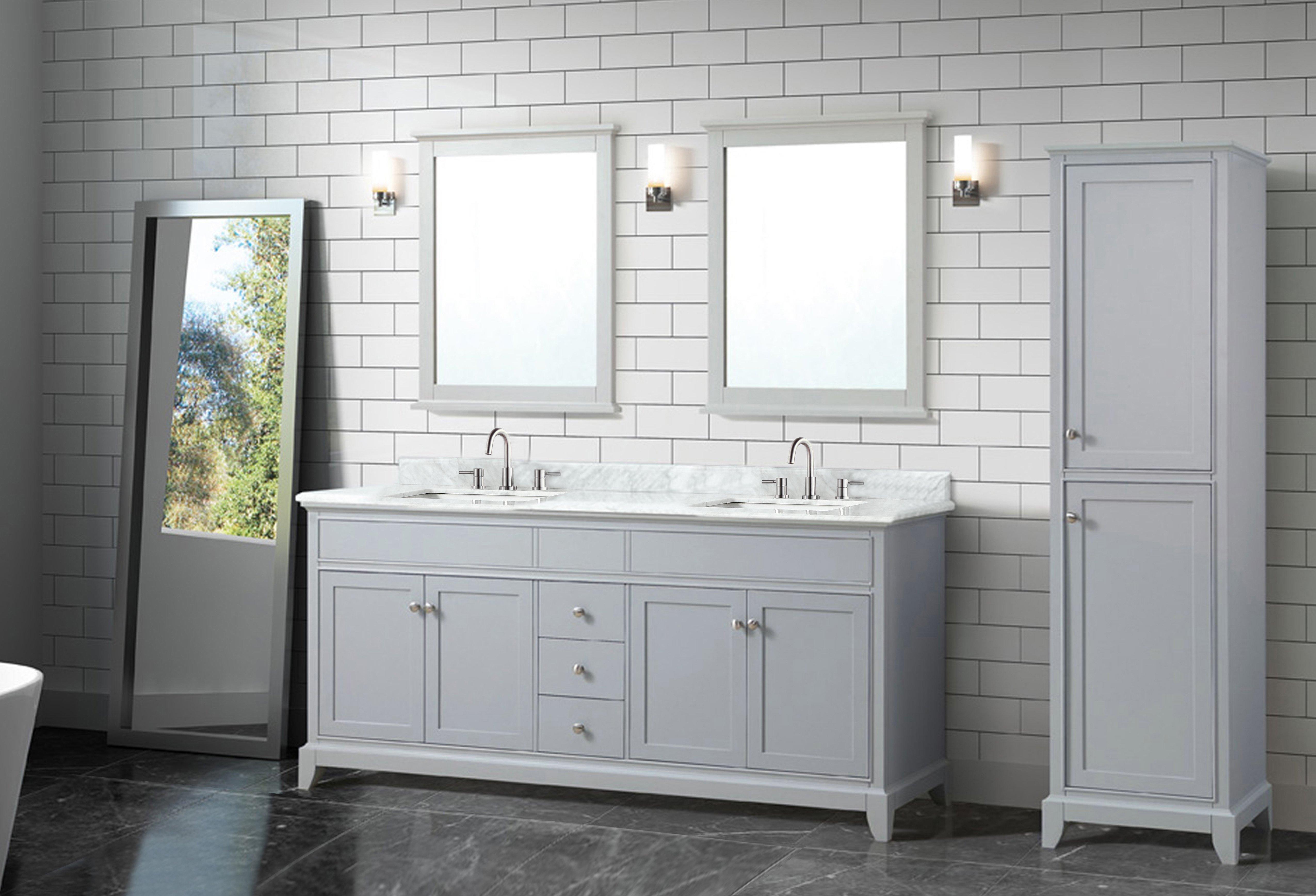 Aurora 73 in. Gray Vanity with Carrara Top Floor and Decor