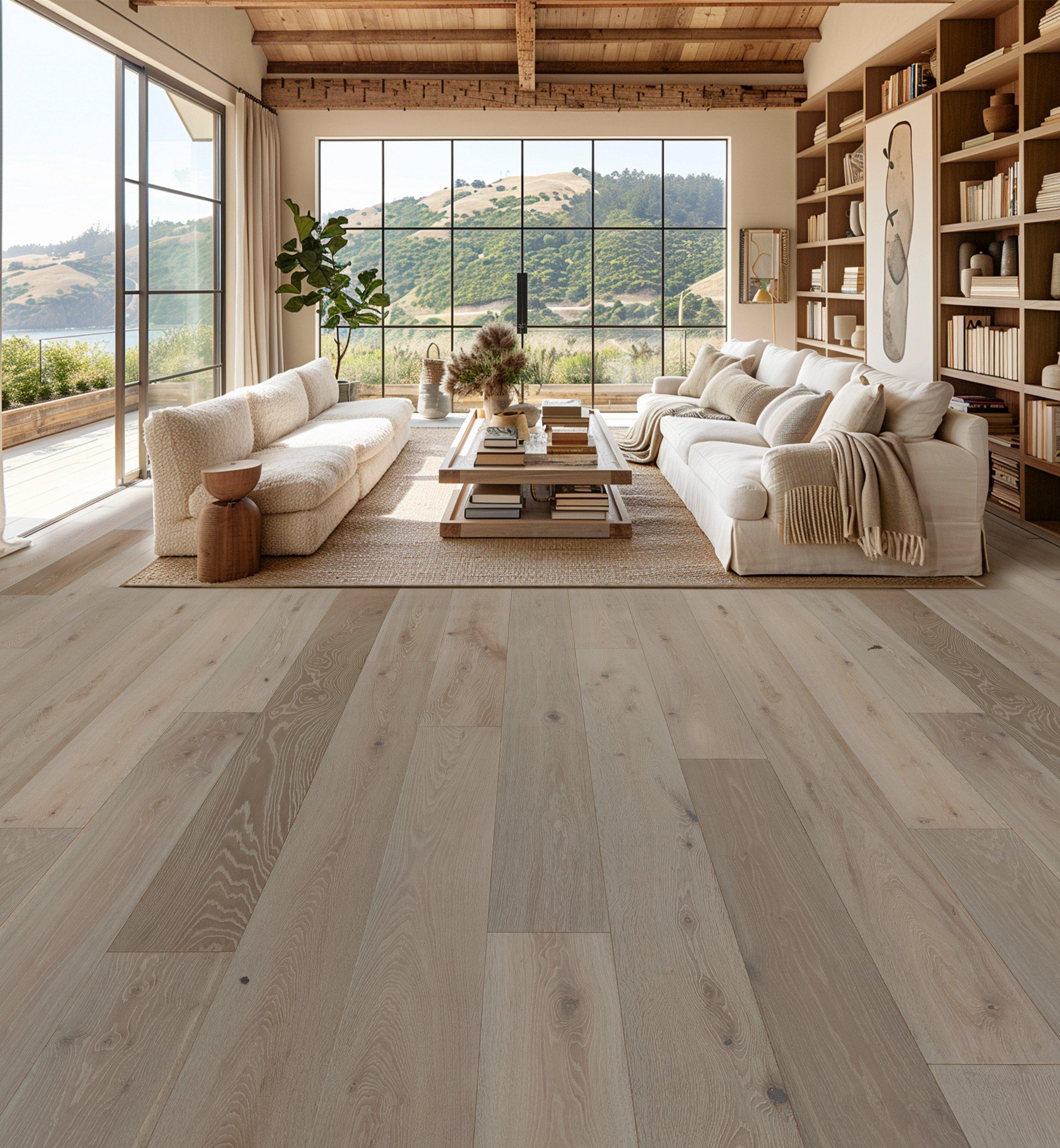 Harbor Mist White Oak Wire-Brushed Sawn Engineered Hardwood