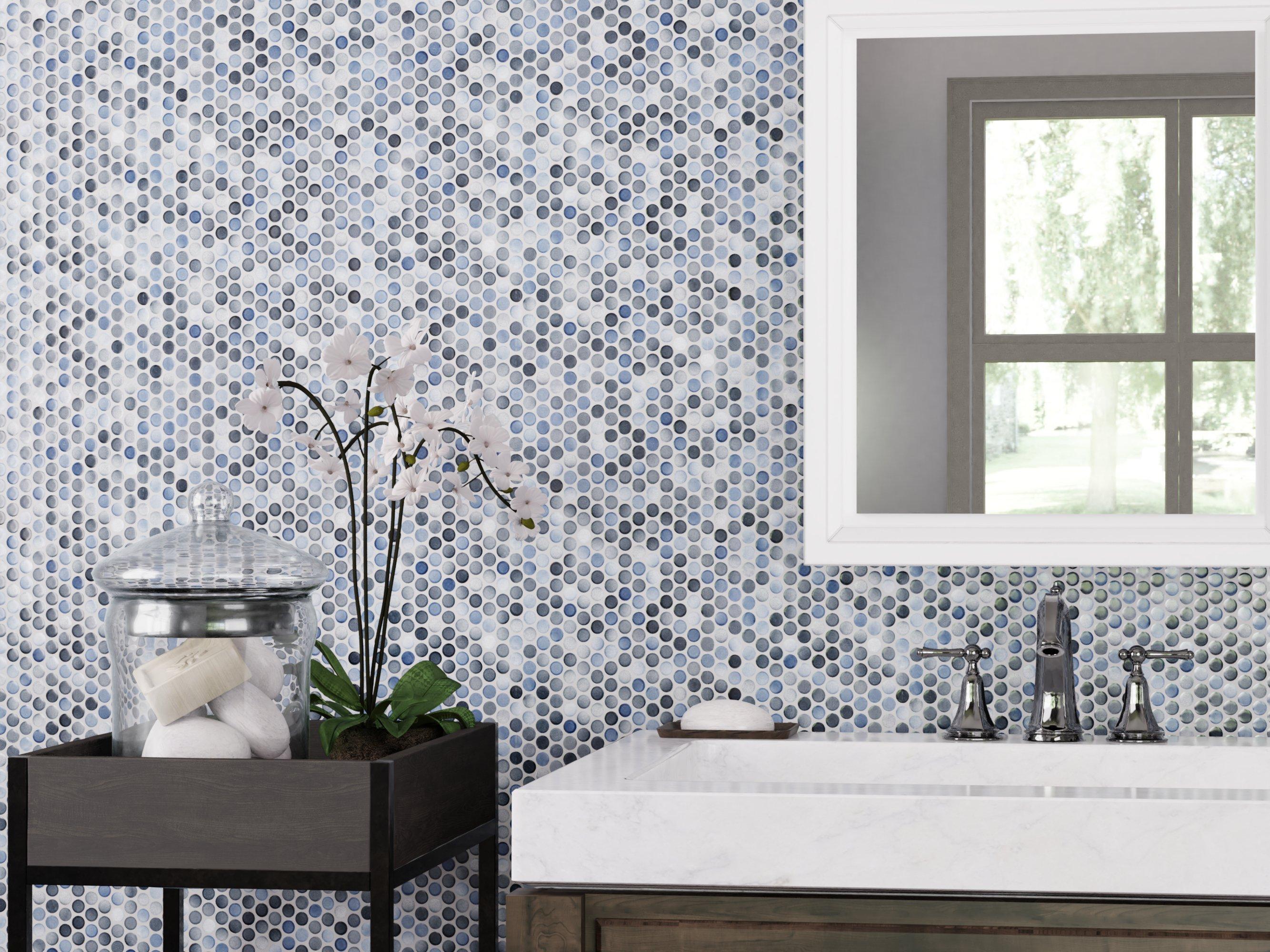 Shower with White Penny Tiles and White Grout - Transitional