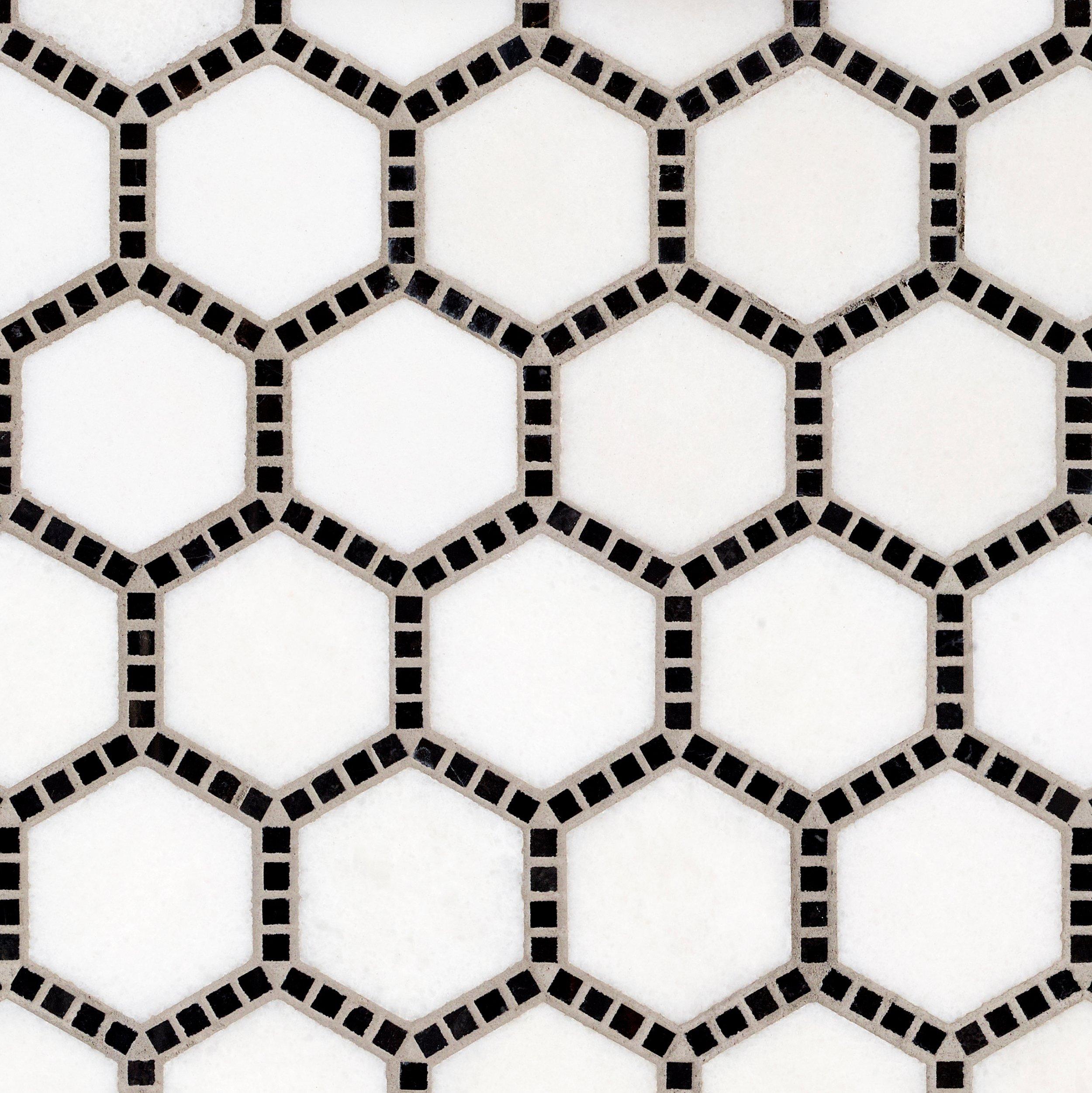 Gossamer Black and White Hexagon Marble Mosaic