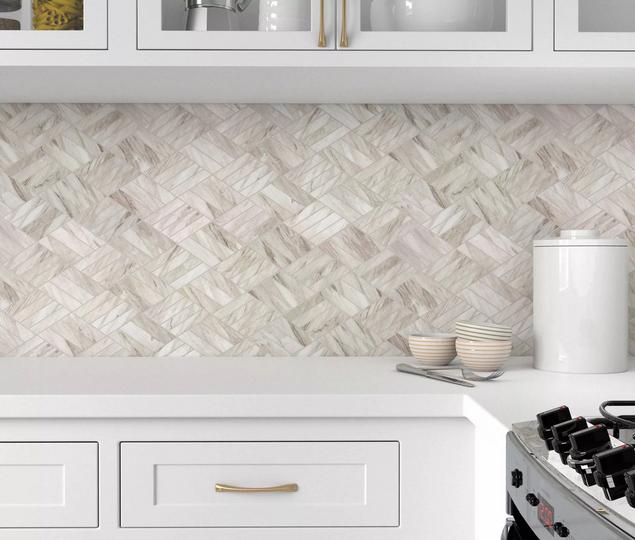 Kitchen with white marble diamond mosaic backsplash.