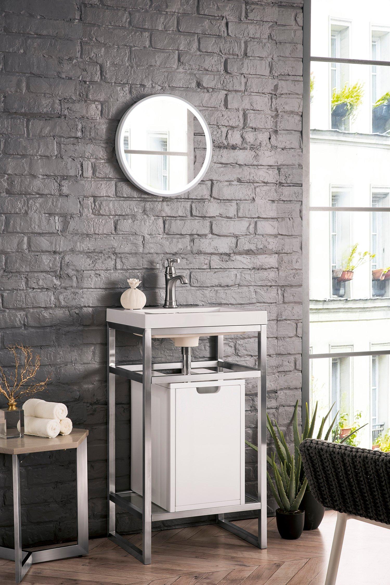 Boston 20 in. Brushed Nickel Vanity with Glossy White Top and Storage Cabinet