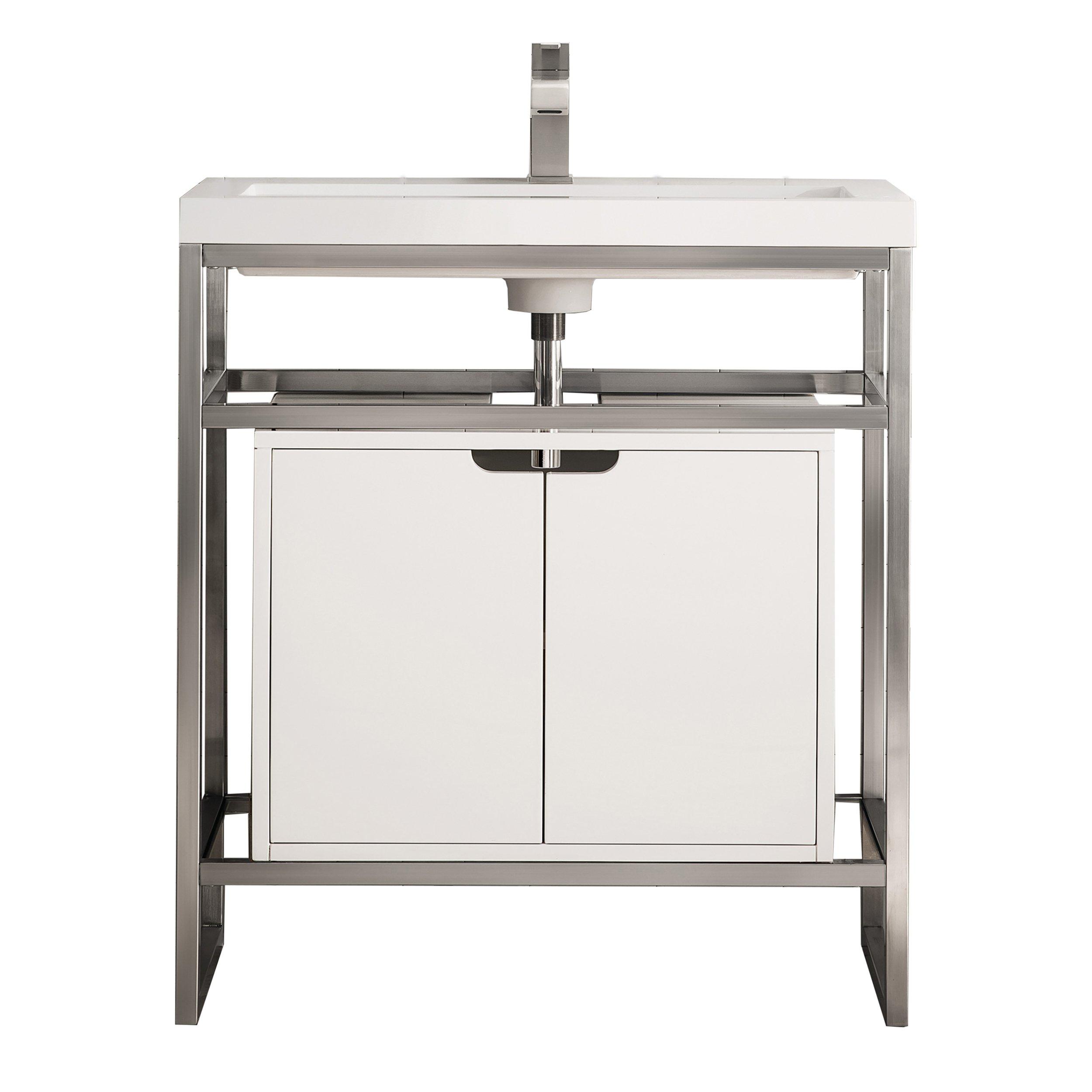 Boston 31.5 in. Brushed Nickel Vanity with Glossy White Top and Storage Cabinet