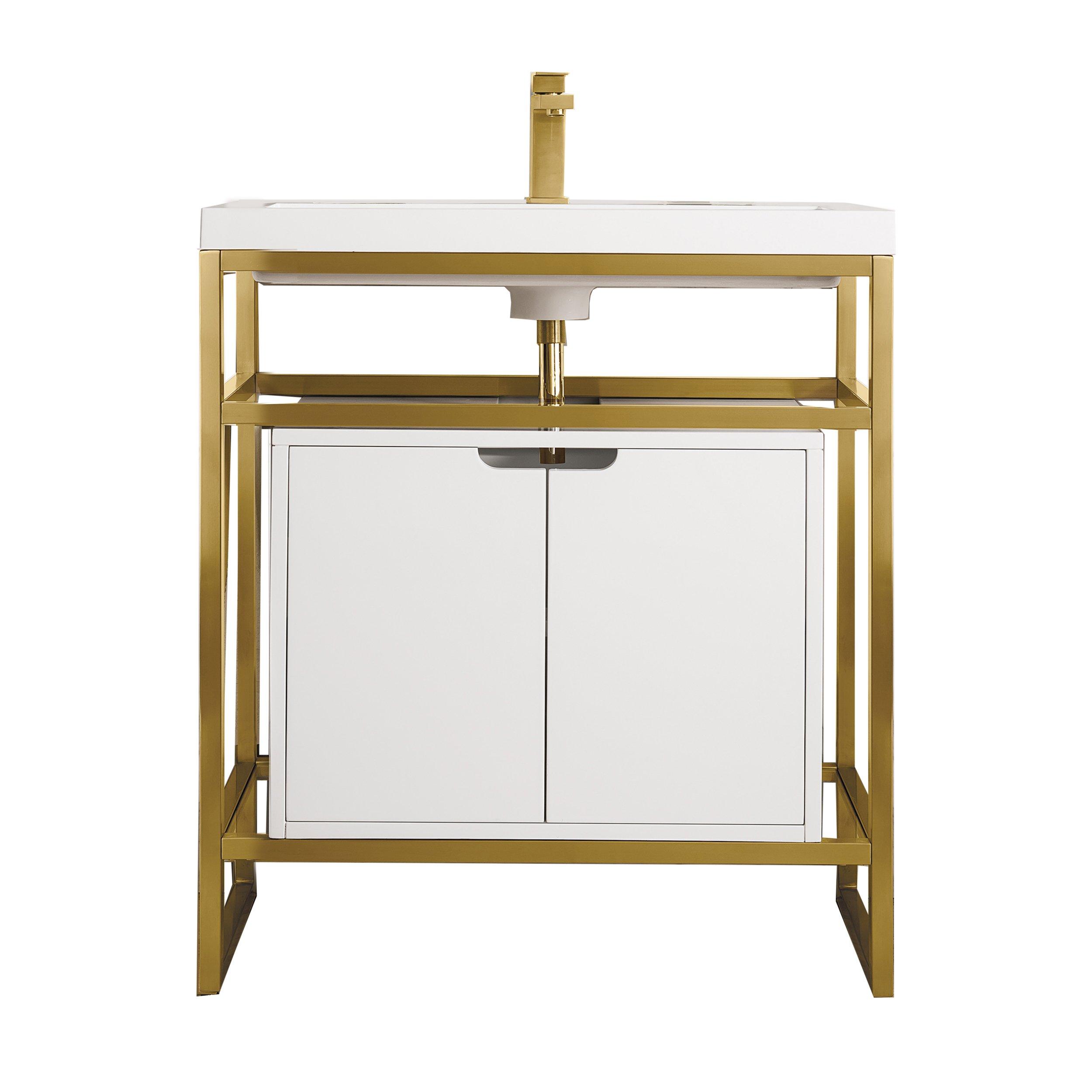 Boston 31.5 in. Radiant Gold Vanity with Glossy White Top and Storage Cabinet