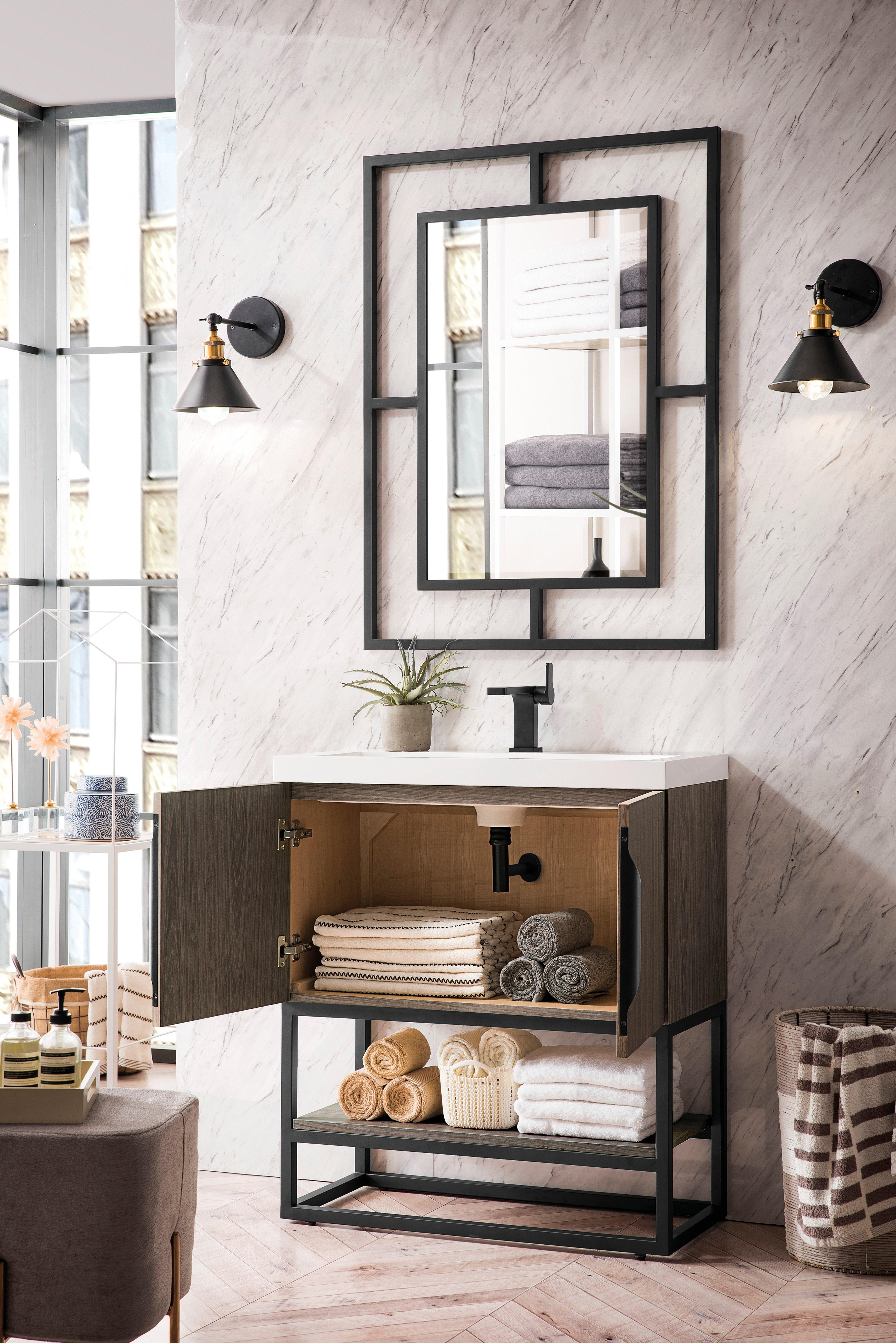 Columbia 31.5 in. Ash Gray and Matte Black Vanity with Glossy White Top