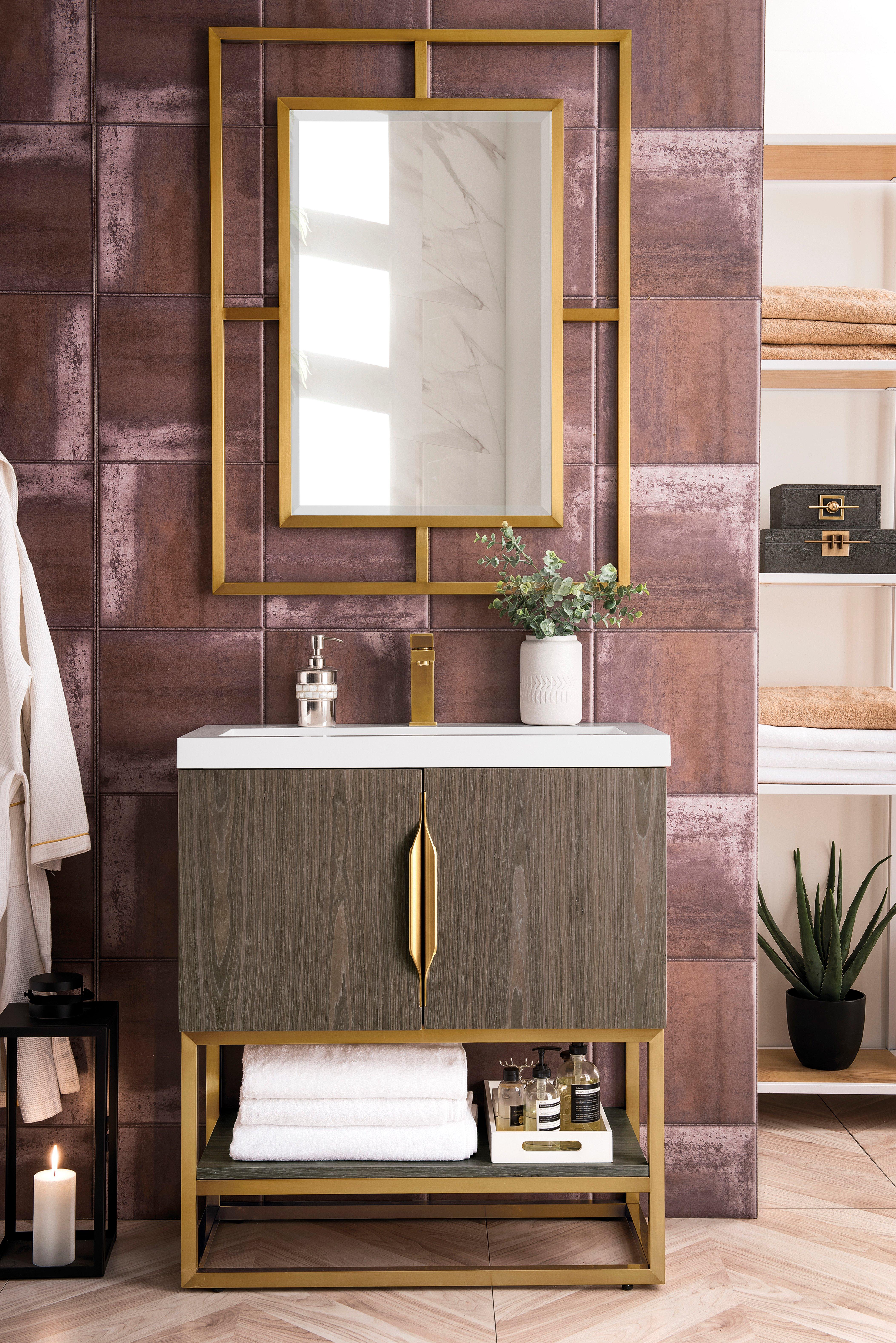 Columbia 31.5 in. Ash Gray and Radiant Gold Vanity with Glossy White Top