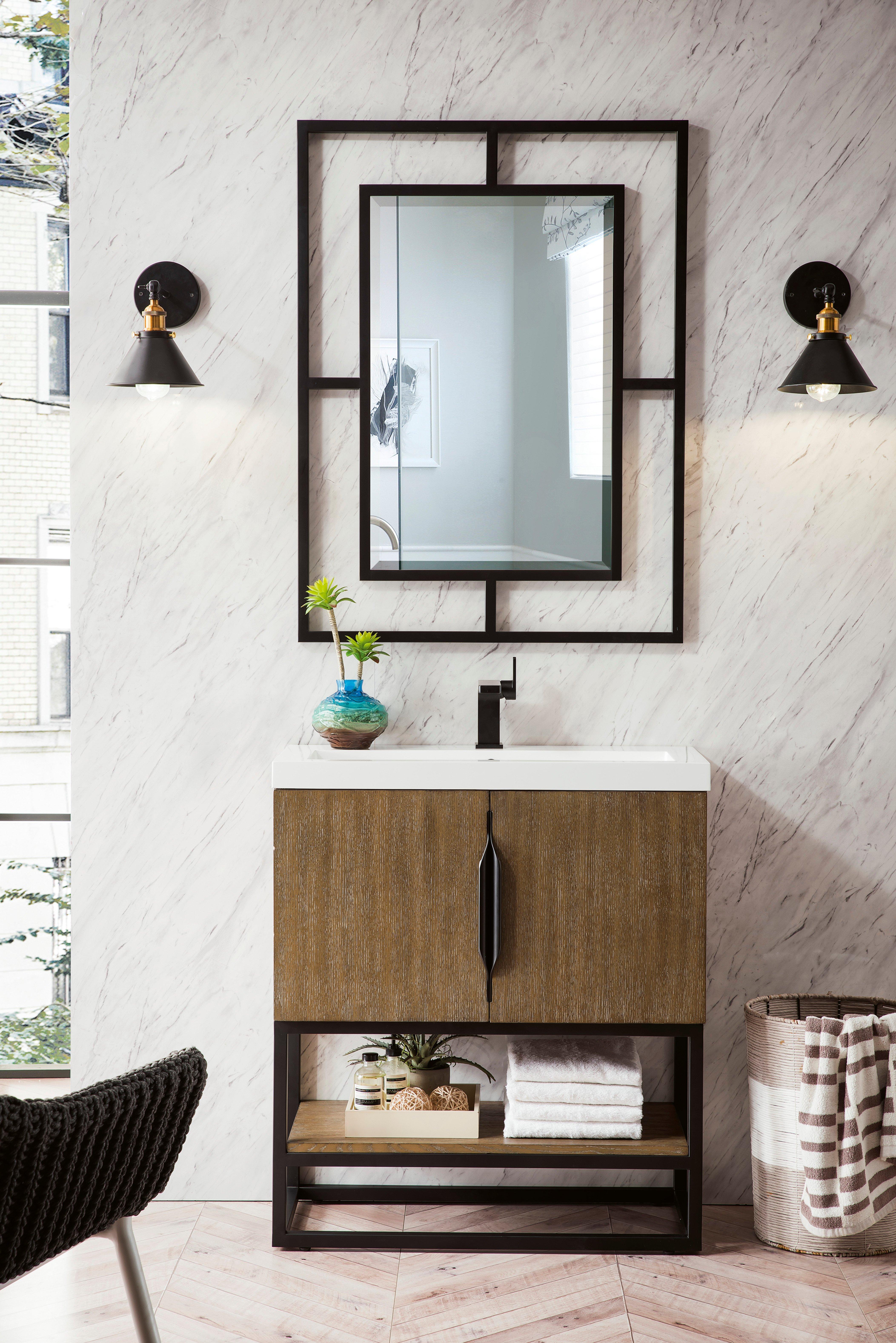 Columbia 31.5 in. Latte Oak and Matte Black Vanity with Glossy White Top