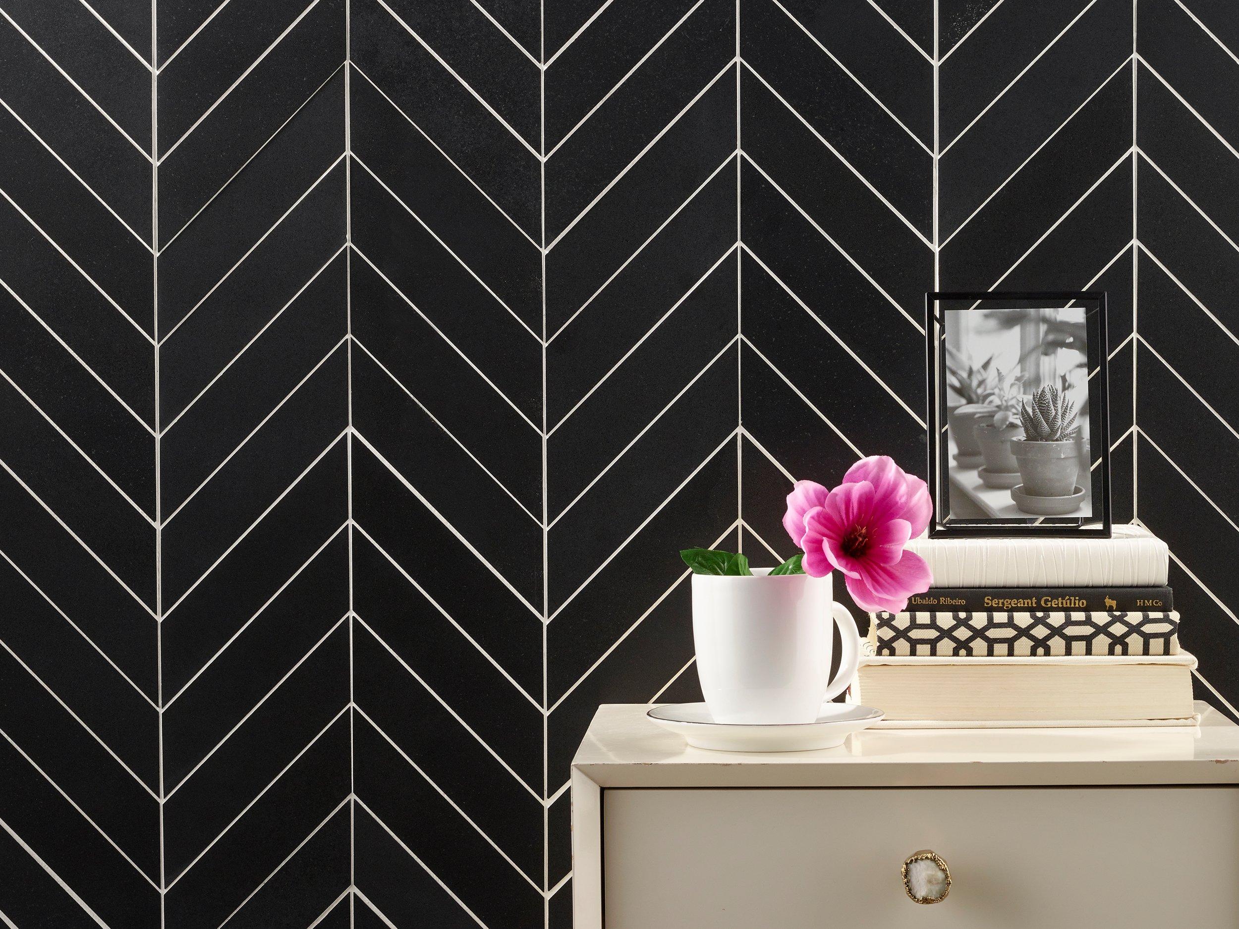 Jet Black Basalt Chevron Mosaic