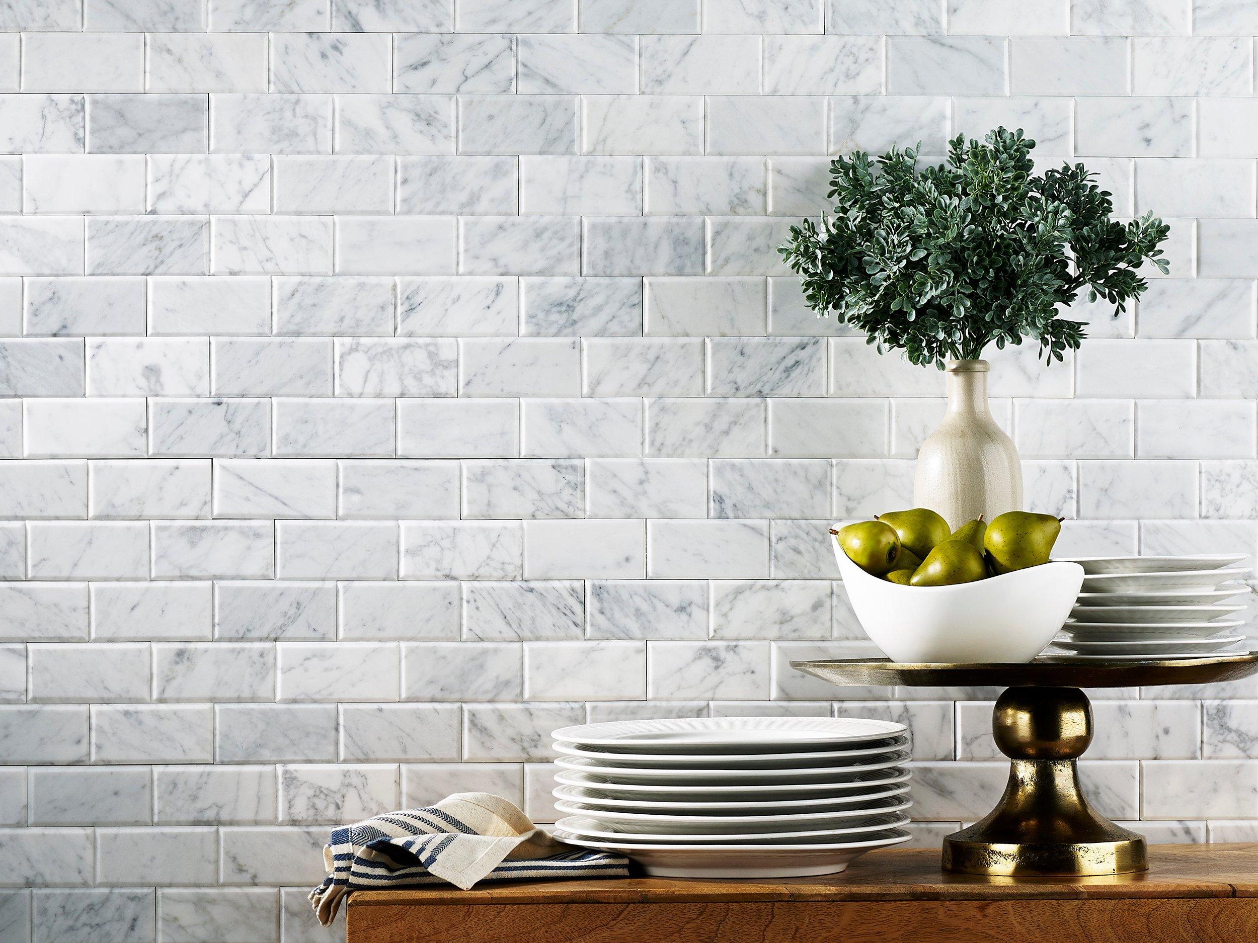 clevermosaics Peel and Stick White Marble Background Mosaic Tile Backsplash (10tiles/set)