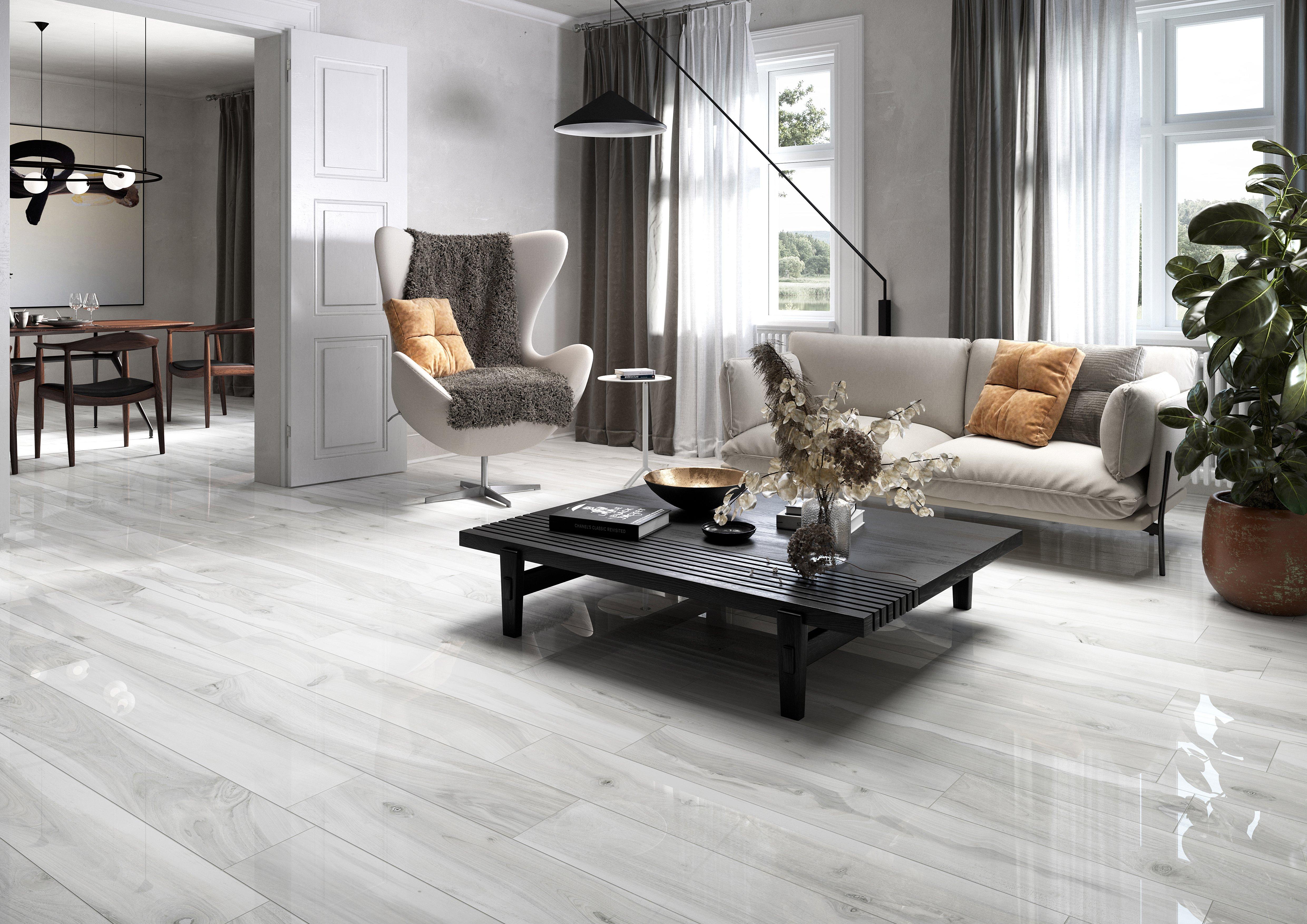 Lyndon White Wood Plank Polished Porcelain Tile