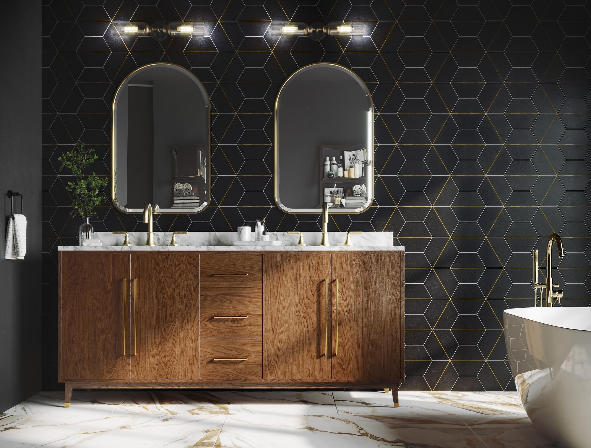 Bathroom with medium brown wood vanity and white marble top