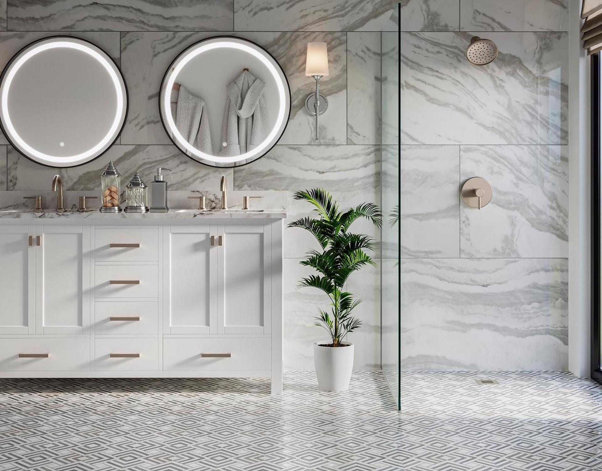 Marble bathroom scene with gray and white kaleidoscope marble mosaic floors