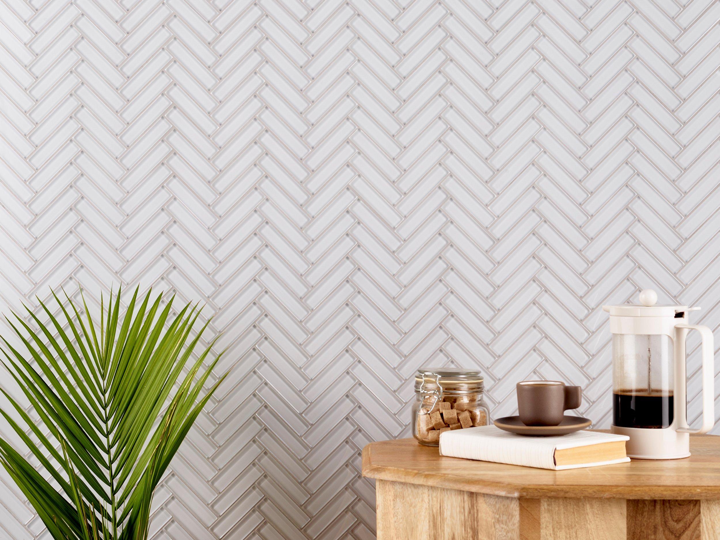 Snow Herringbone Glass Mosaic