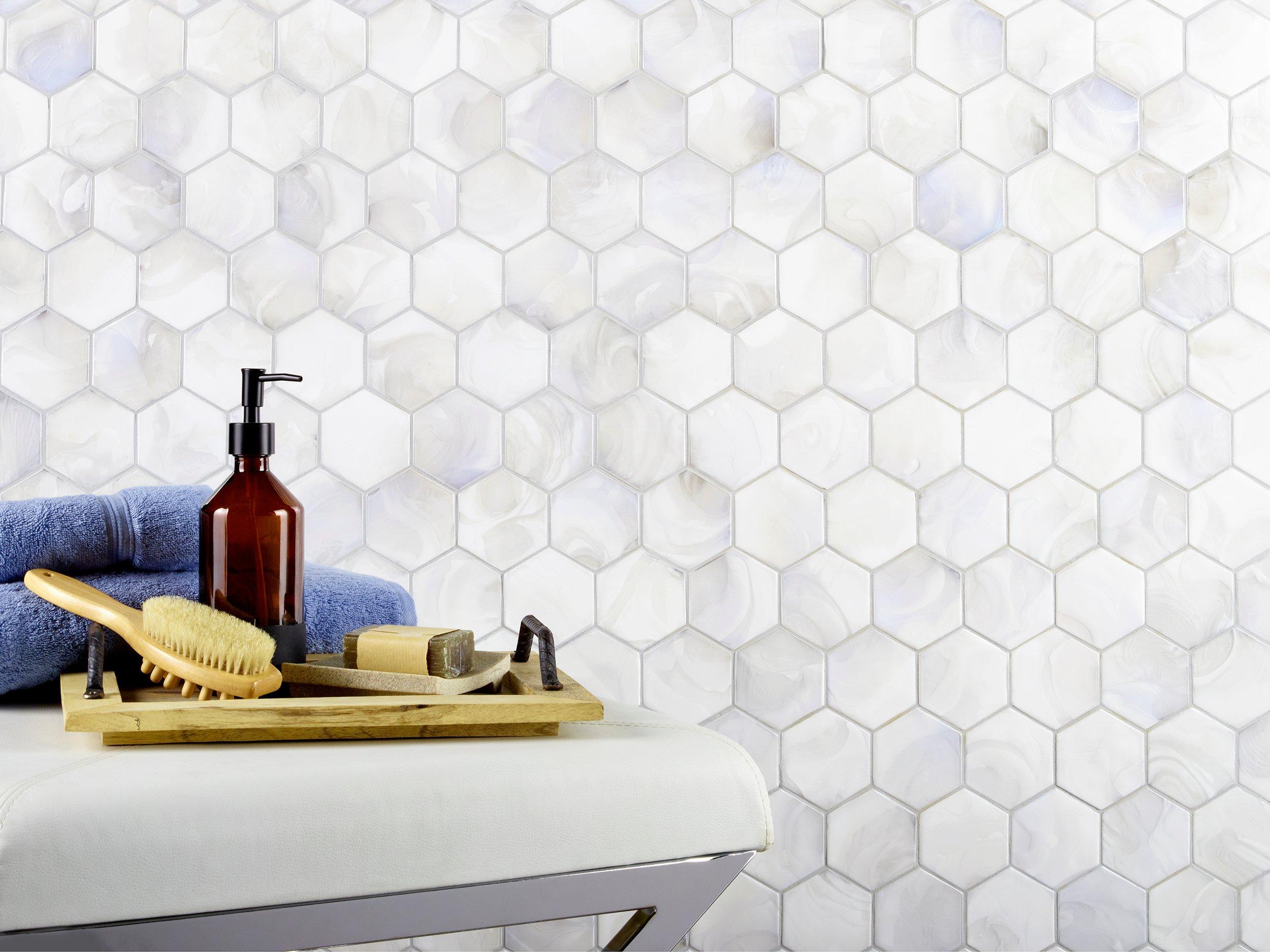 White Ceramic And Pearl Glass Hexagon Mosaic Tile