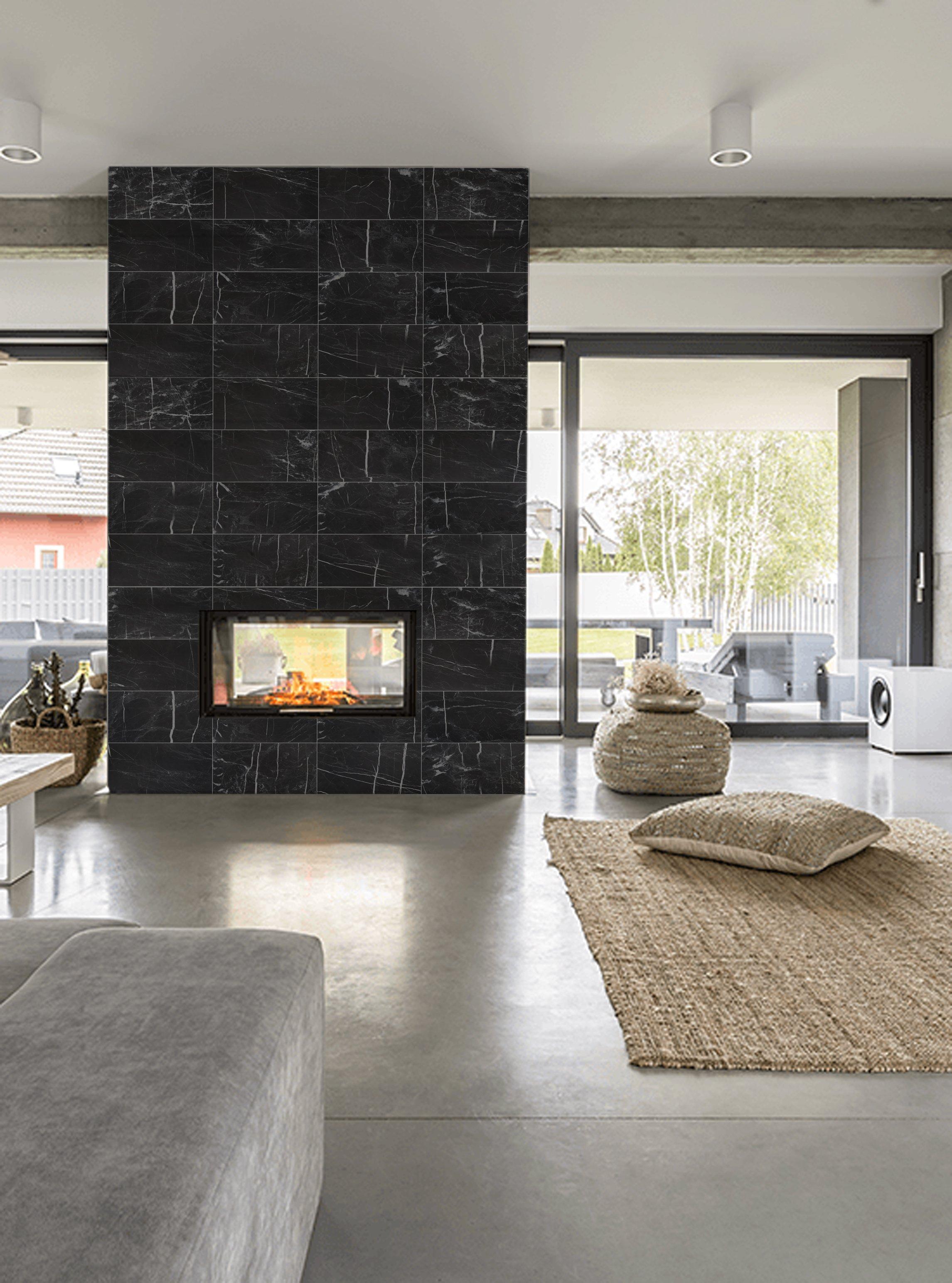 black marble tile fireplace