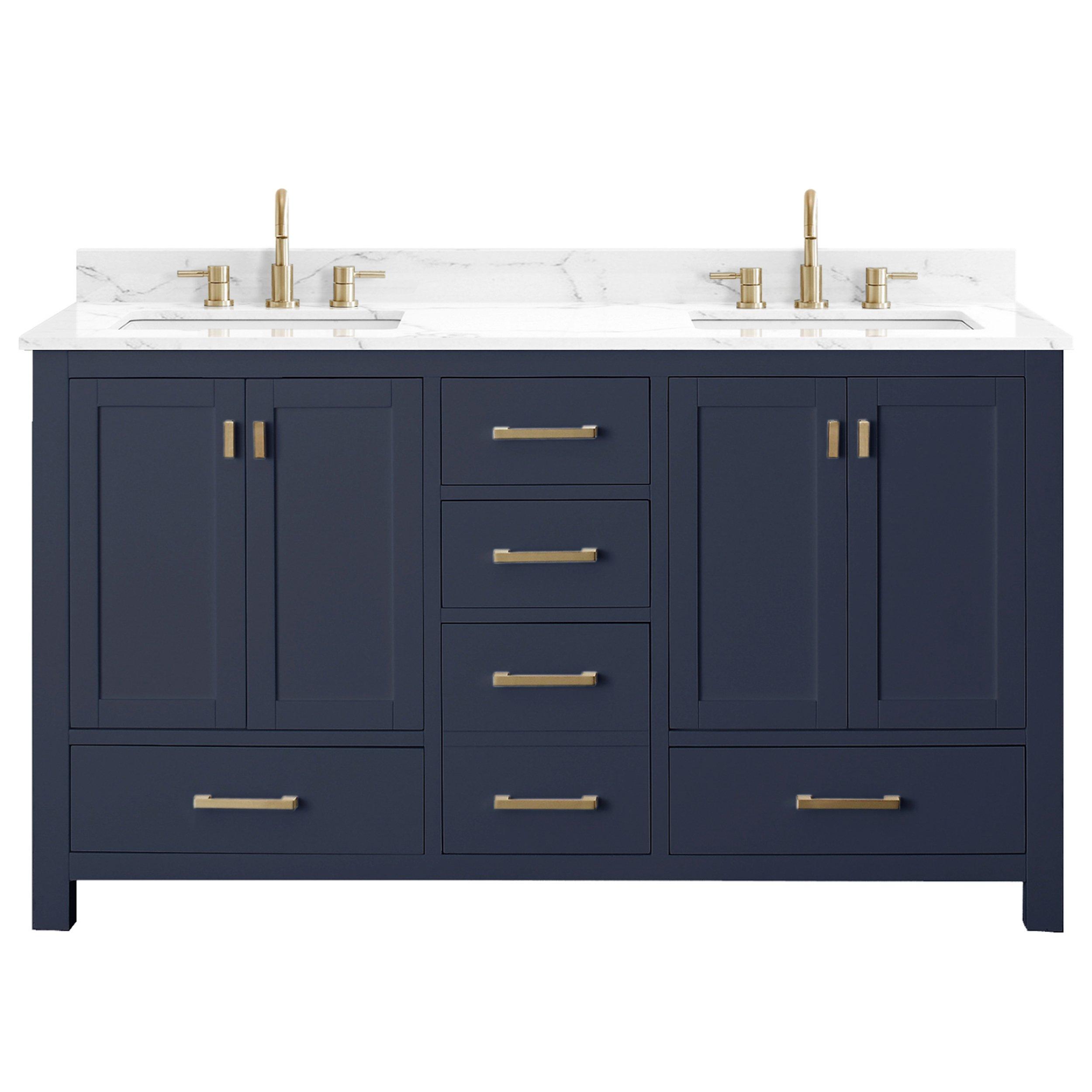 Kent 61 in. Blue Double Vanity with Engineered Cararra Top | Floor and ...
