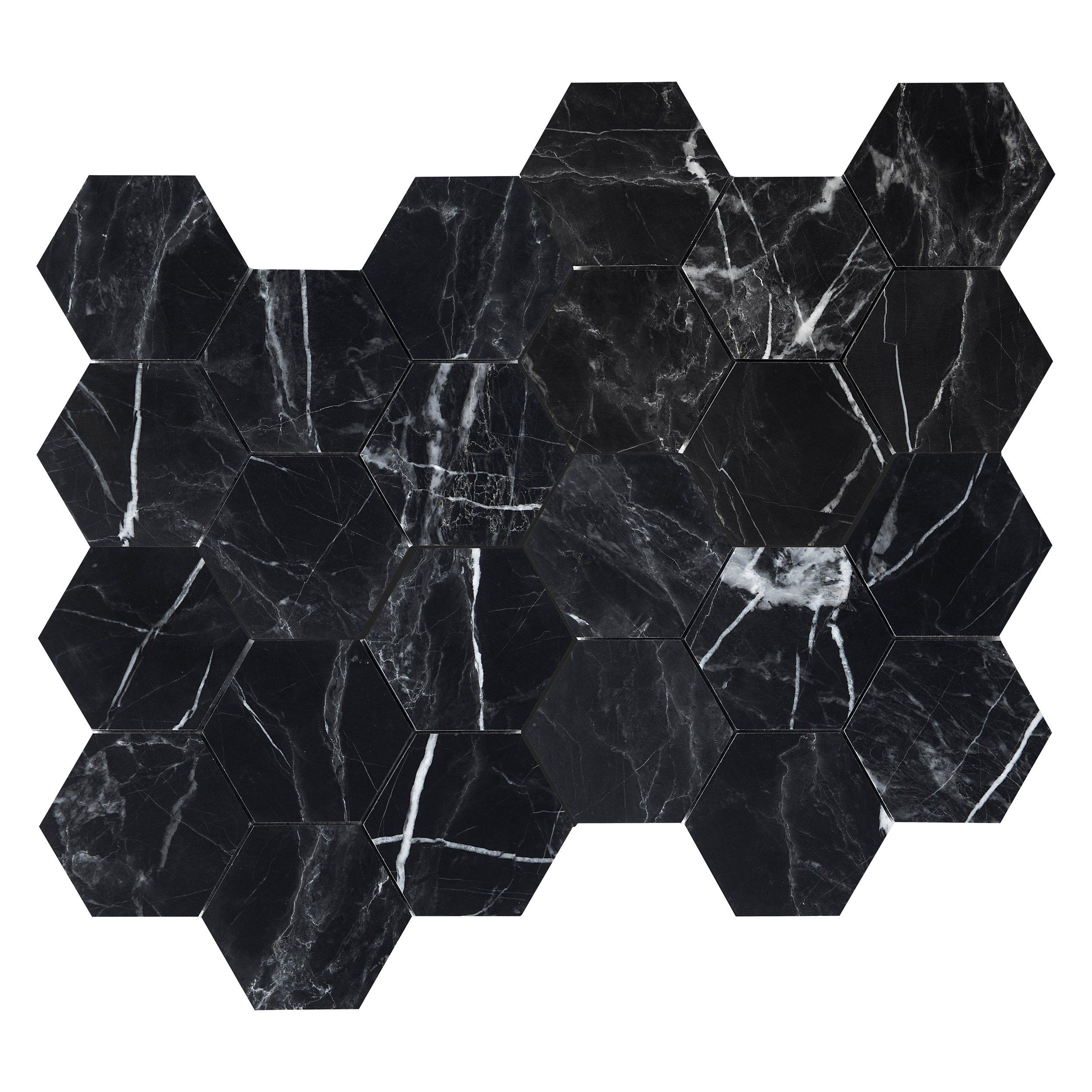 Ryker Black 4 in. Leather Hexagon Marble Mosaic