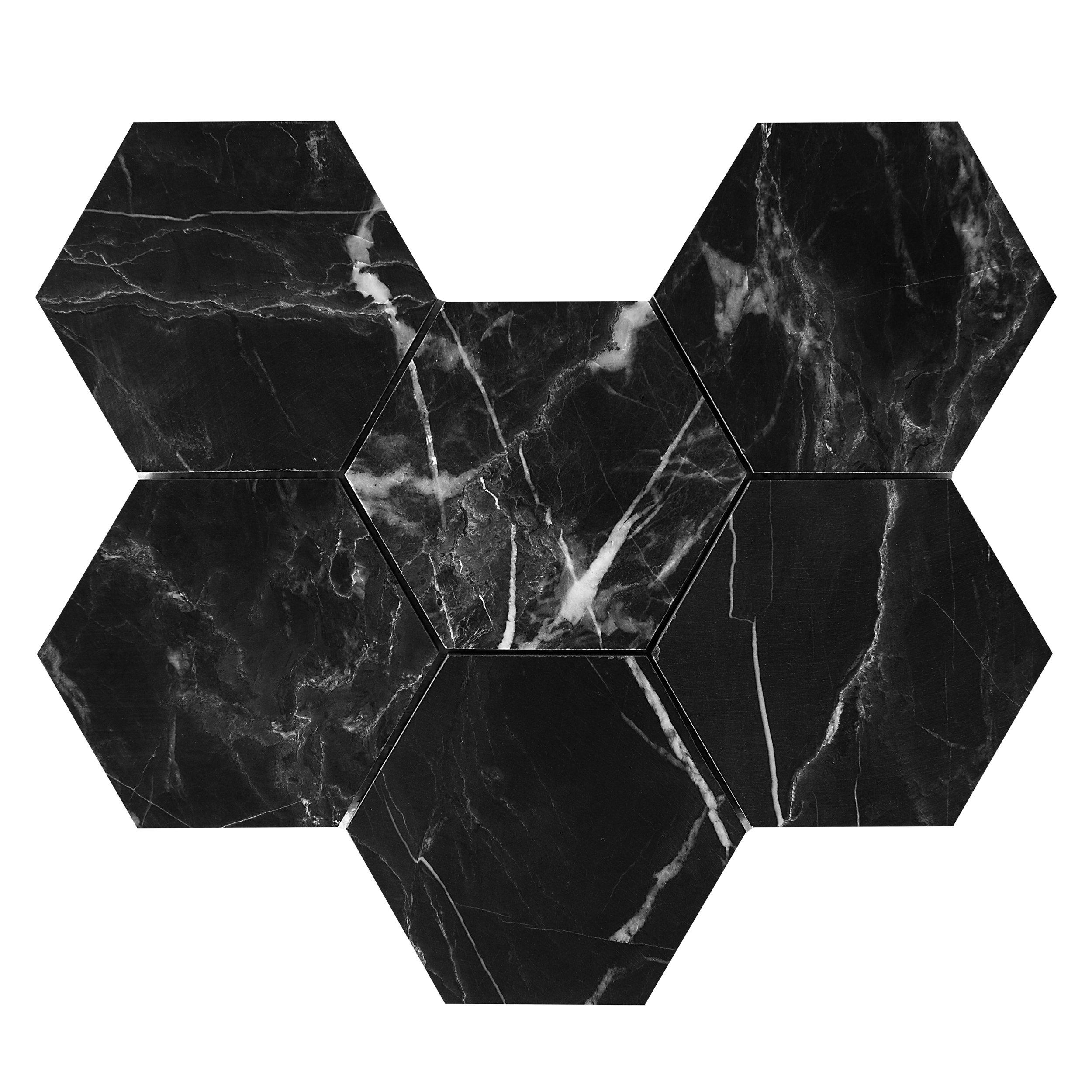 Ryker Black 4 in. Leather Hexagon Marble Mosaic