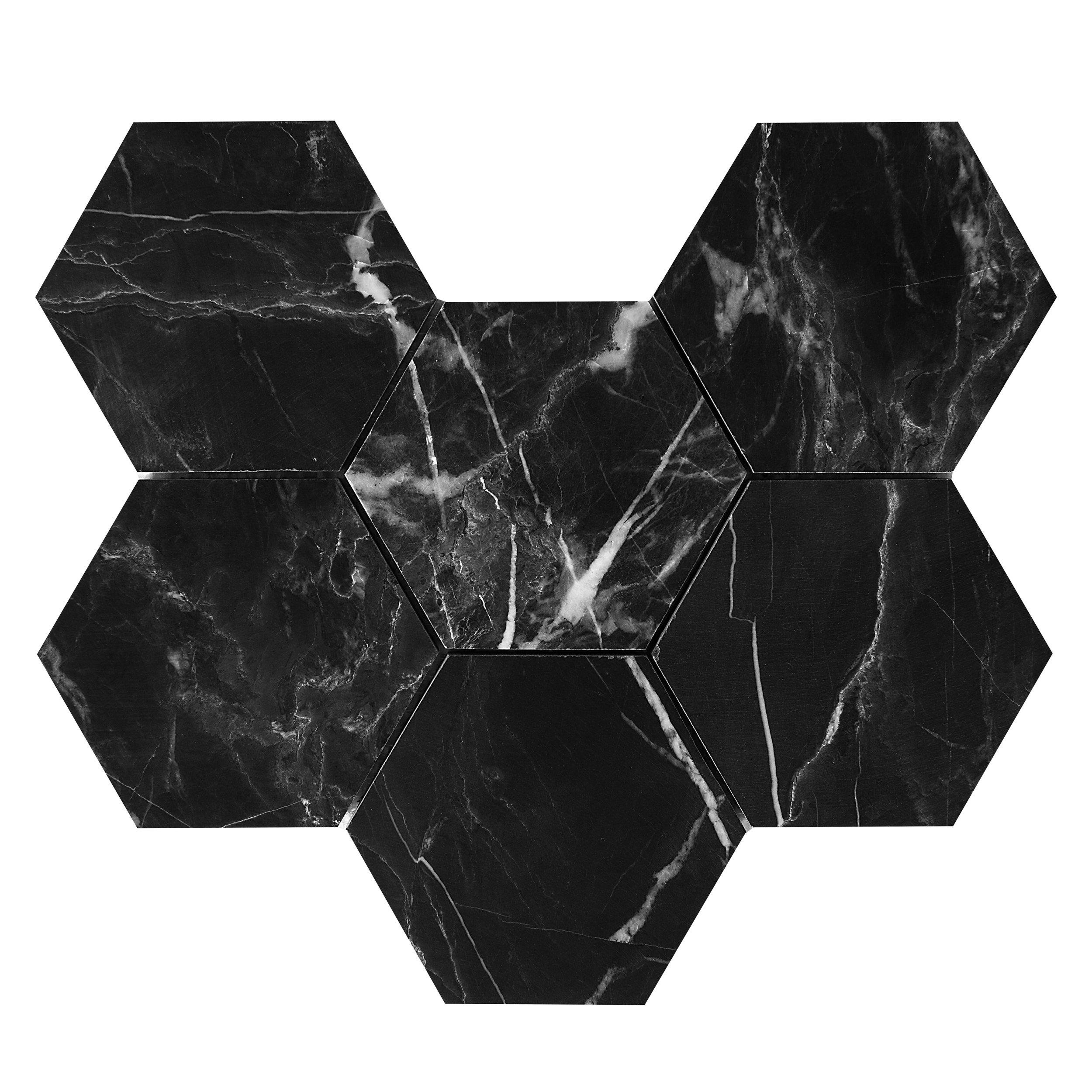 Ryker Black Hexagon Leathered Marble Mosaic