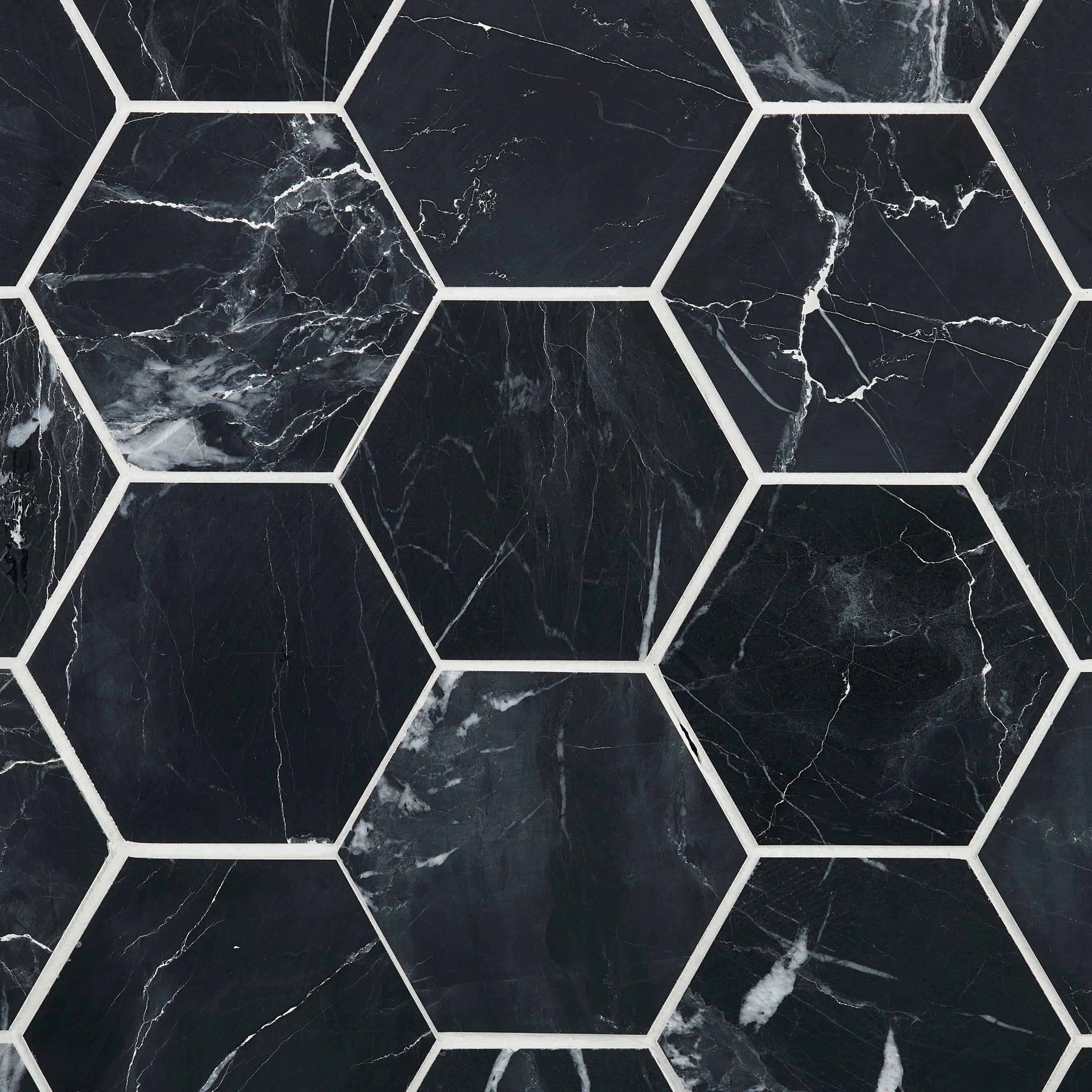 Ryker Black Hexagon Leathered Marble Mosaic