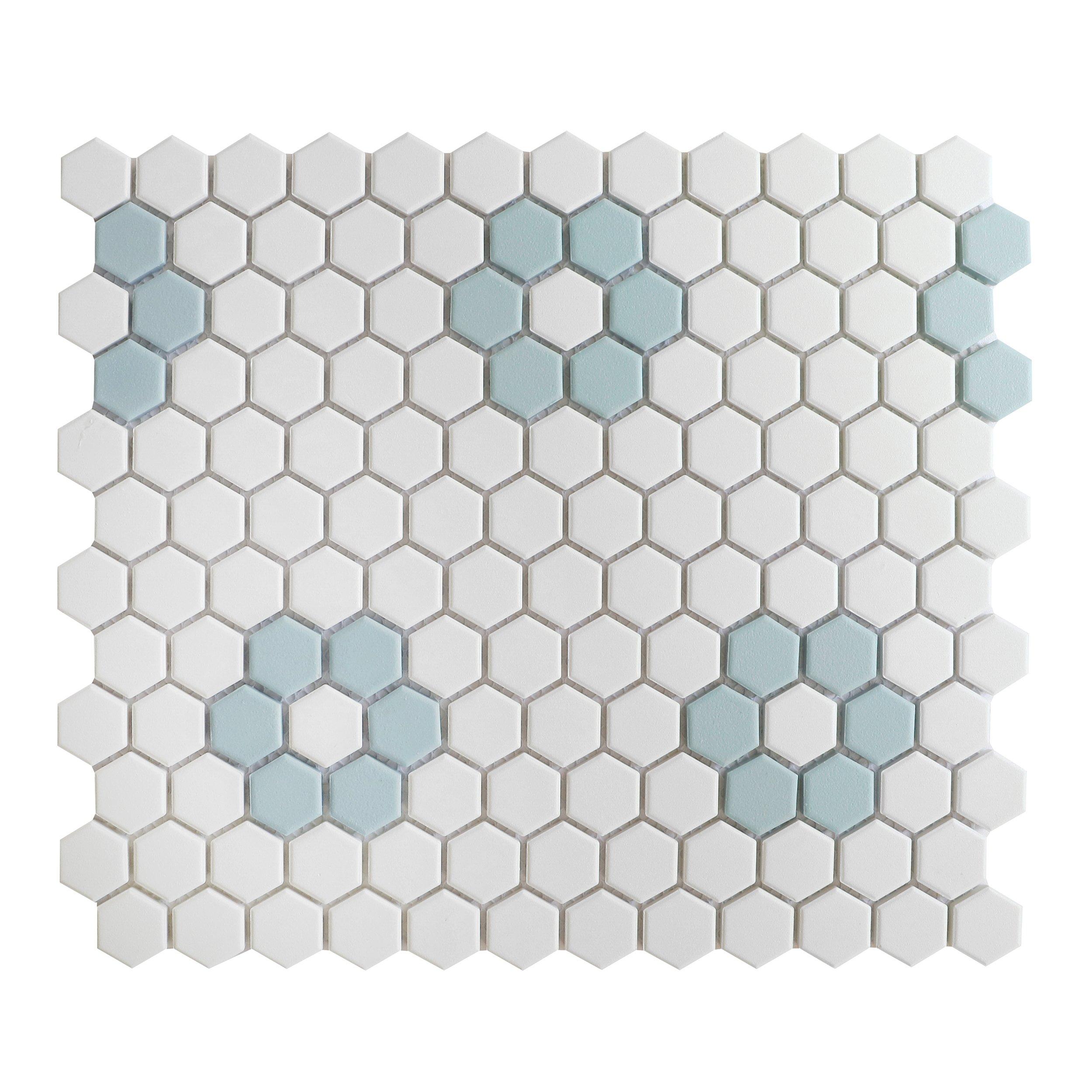 Unlgazed Blue Flower Porcelain Hexagon Mosaic