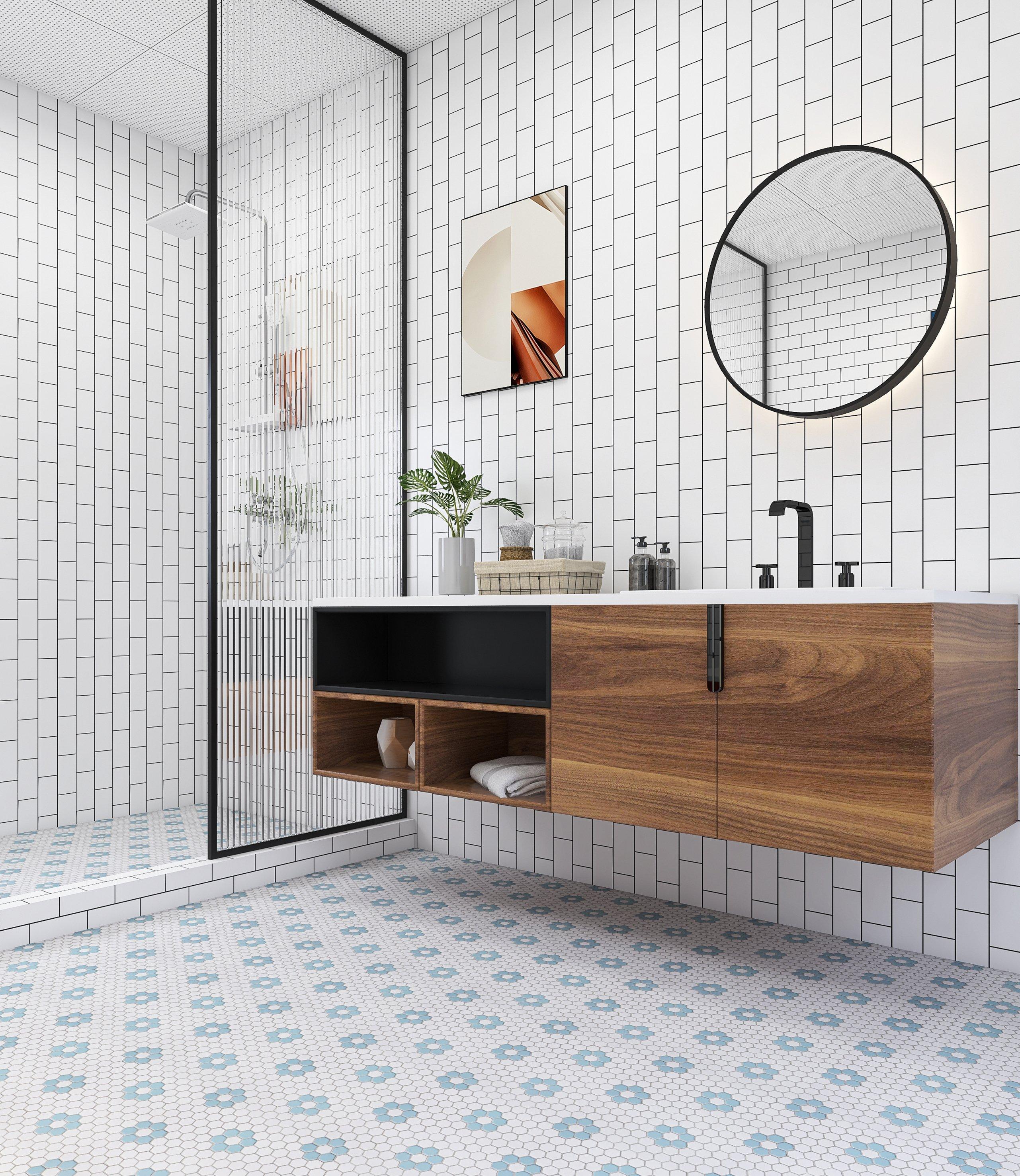 Unlgazed Blue Flower Porcelain Hexagon Mosaic