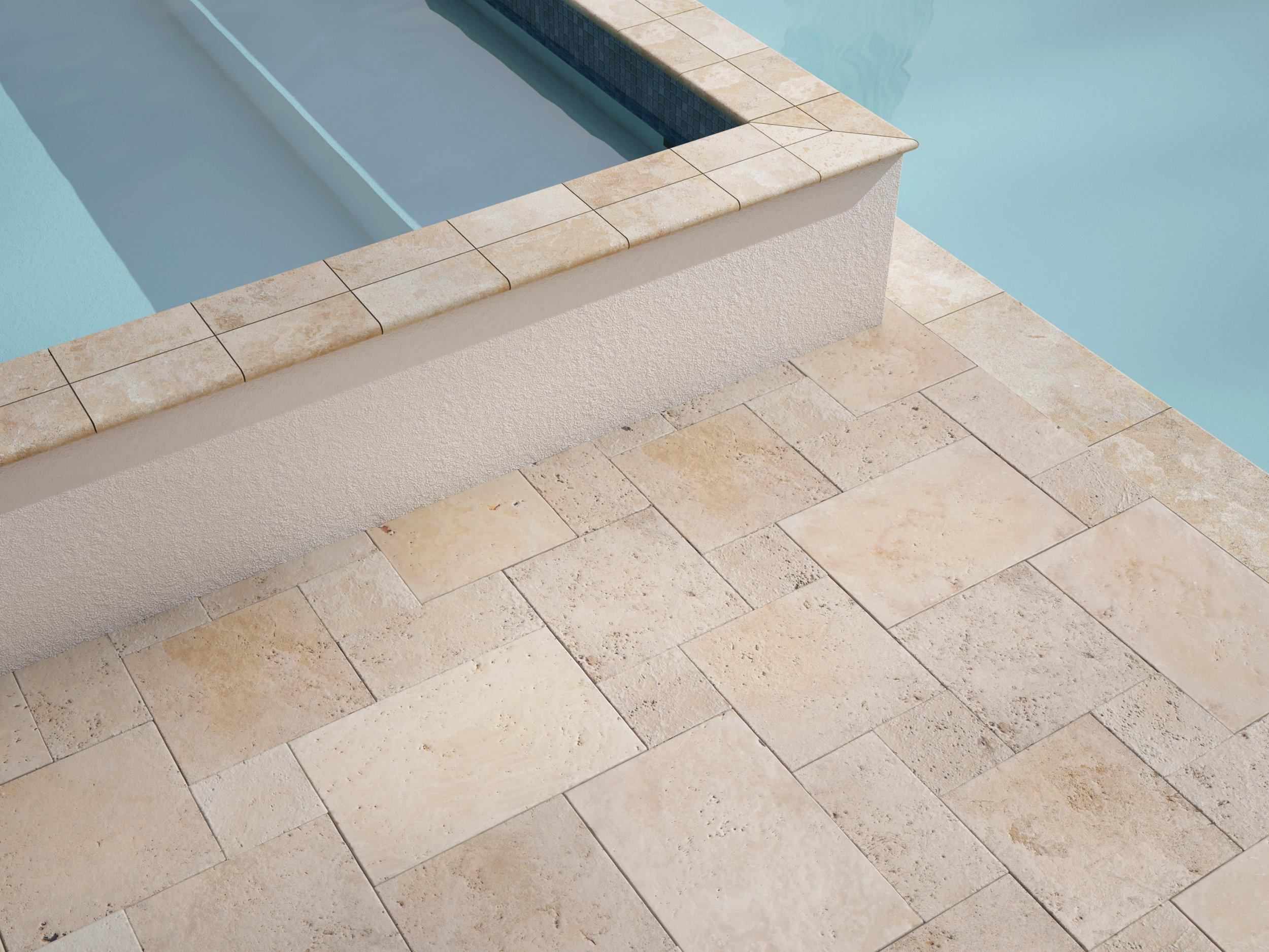 Ivory Tumbled Travertine Bullnose Coping 3cm. Paver